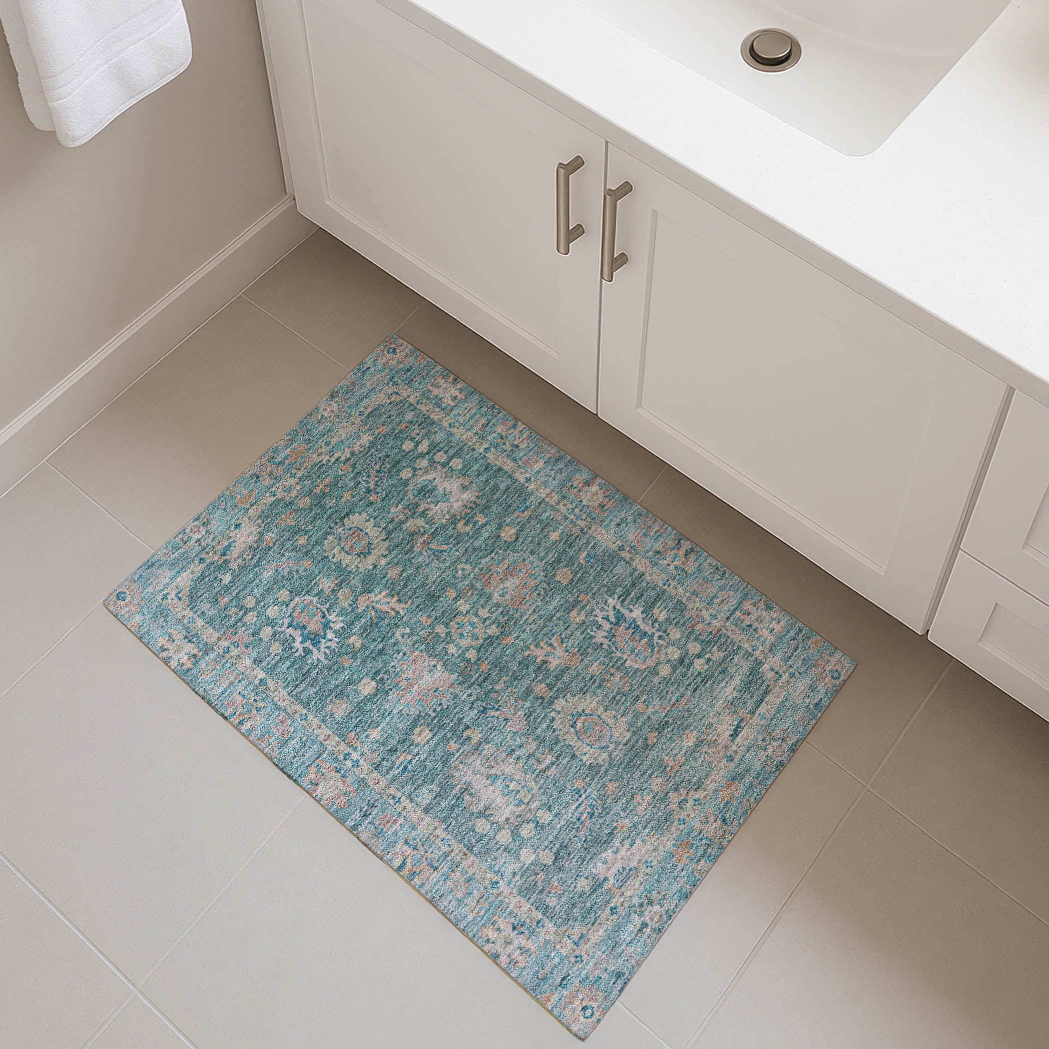 Havana Machine Washable Traditional Teal Rug 1'8" x 2'6" #shape_Rectangle