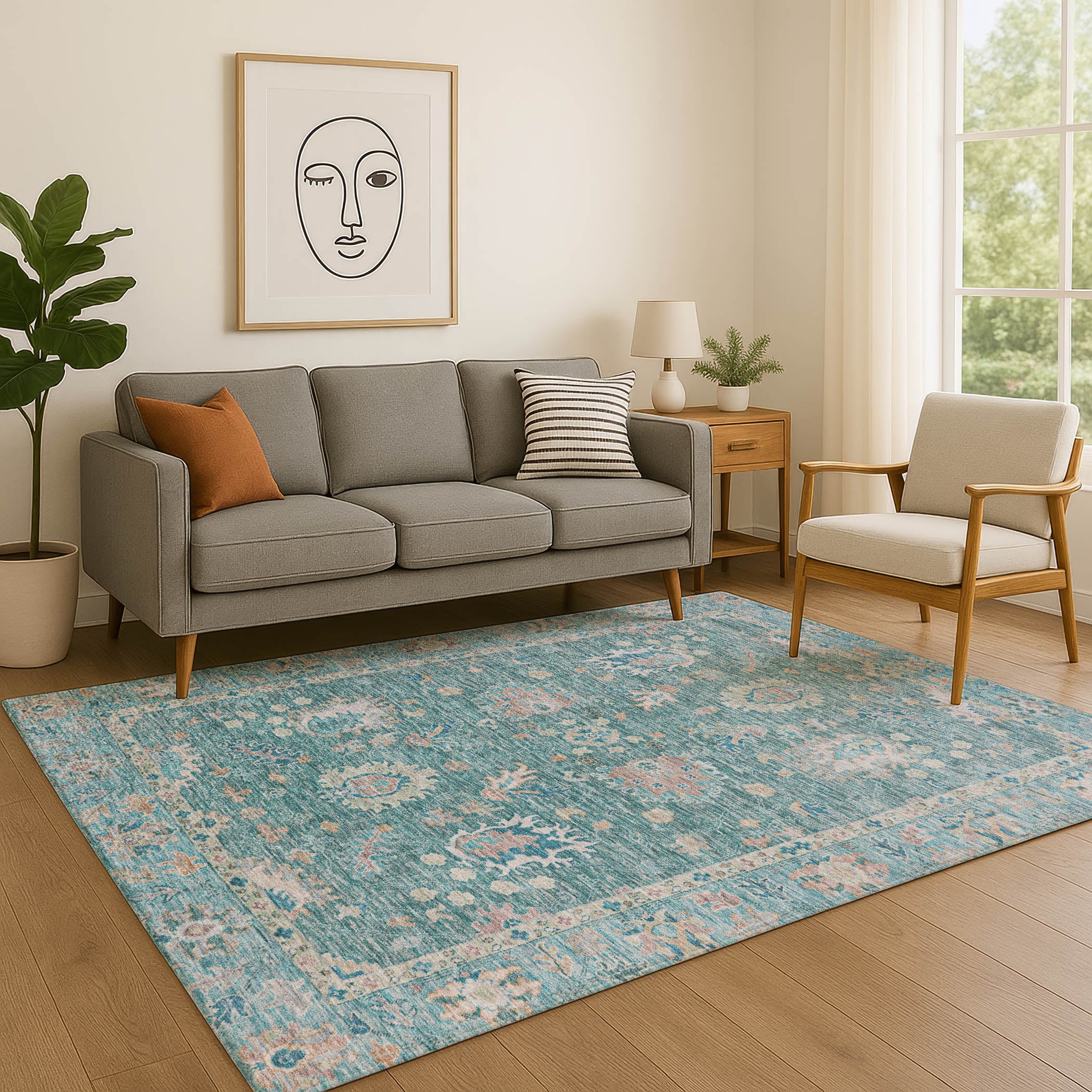 Havana Machine Washable Traditional Teal Rug 2'6" x 3'10" #shape_Rectangle