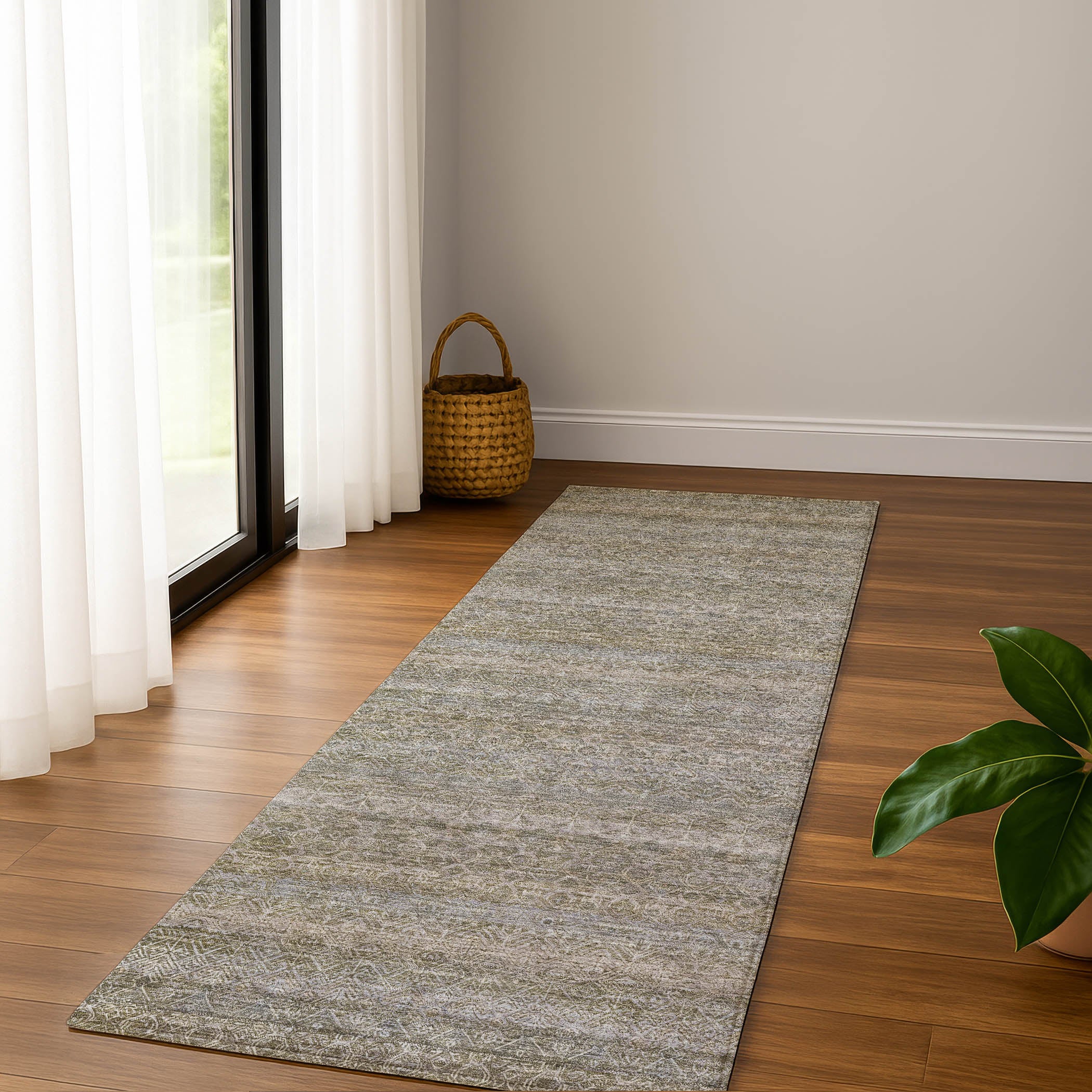 Rome Machine Washable Transitional Khaki Brown Rug 2'3" x 7'6" #shape_Runner