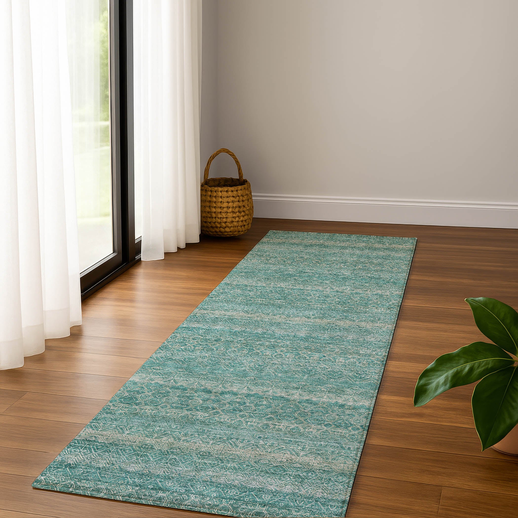 Rome Machine Washable Transitional Teal Rug 2'3" x 7'6" #shape_Runner