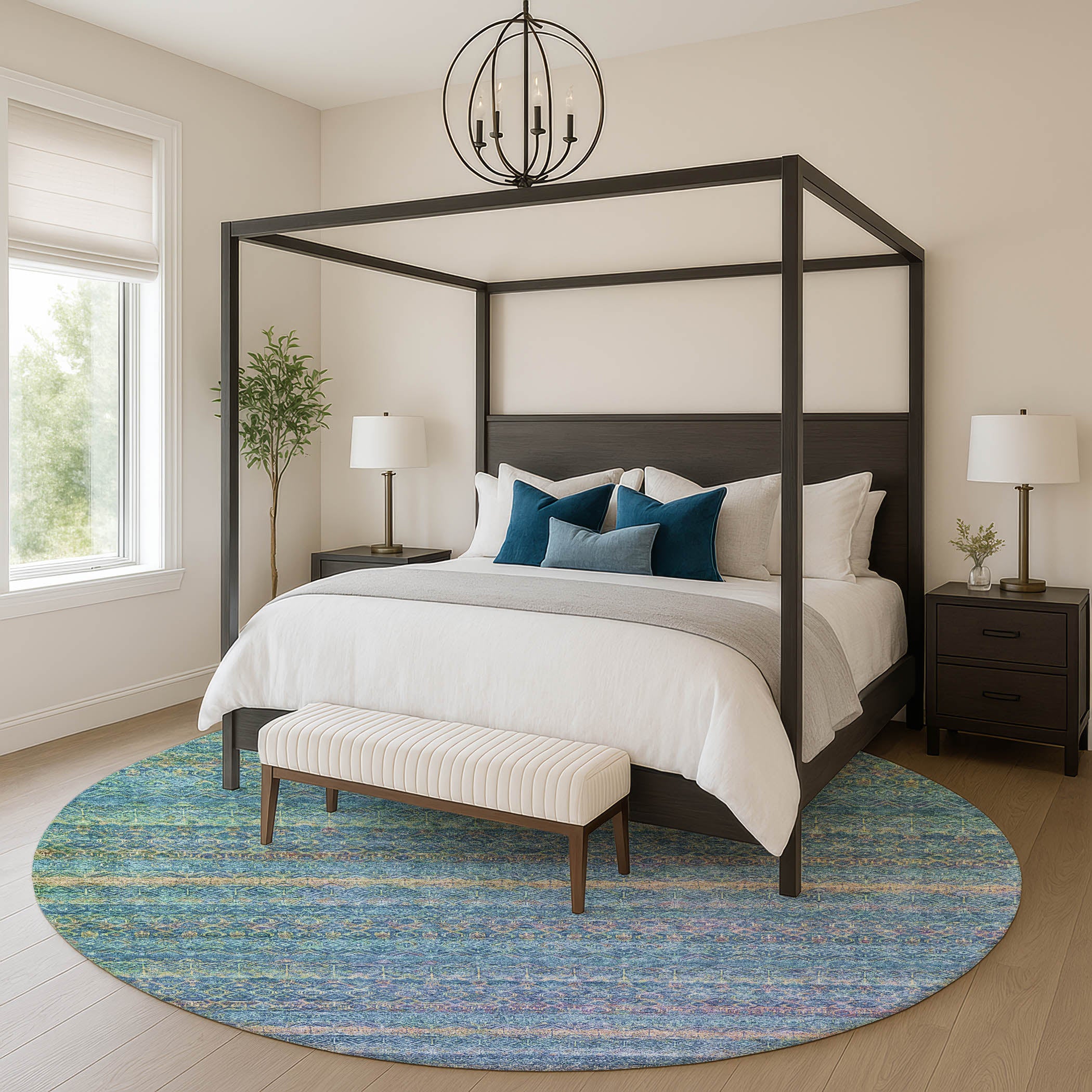 Dubrovnik Machine Washable Transitional Teal Rug 8' x 8' #shape_Round