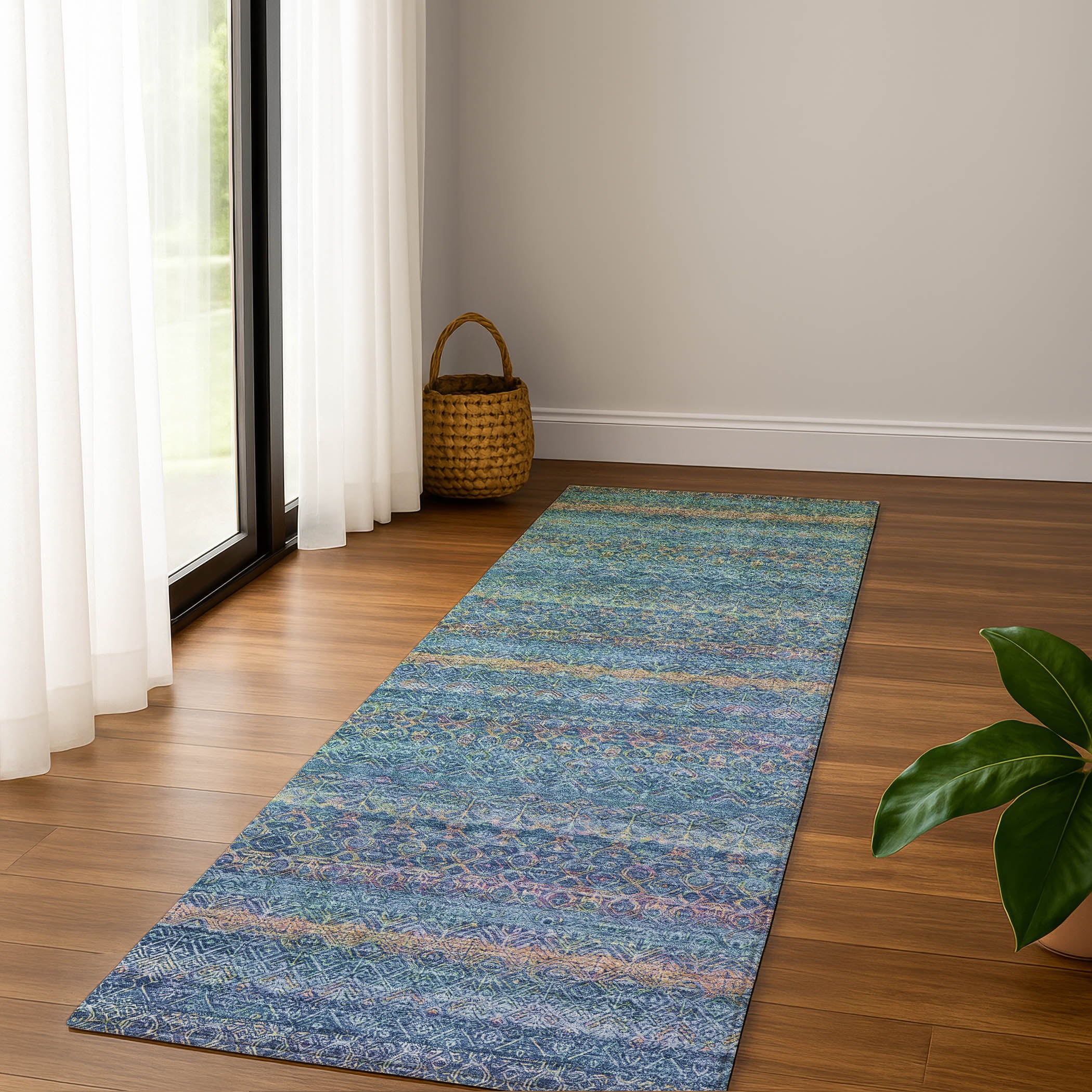 Dubrovnik Machine Washable Transitional Teal Rug 2'3" x 7'6" #shape_Runner