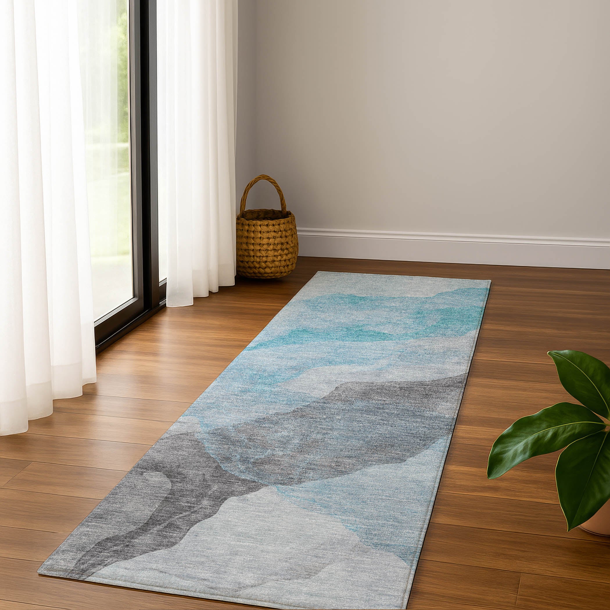 Rome Machine Washable Transitional Teal Rug 2'3" x 7'6" #shape_Runner