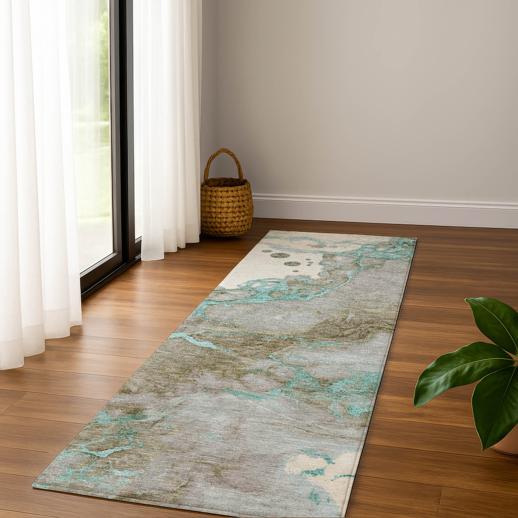 Porto Machine Washable Transitional Teal Rug 2'3" x 7'6" #shape_Runner