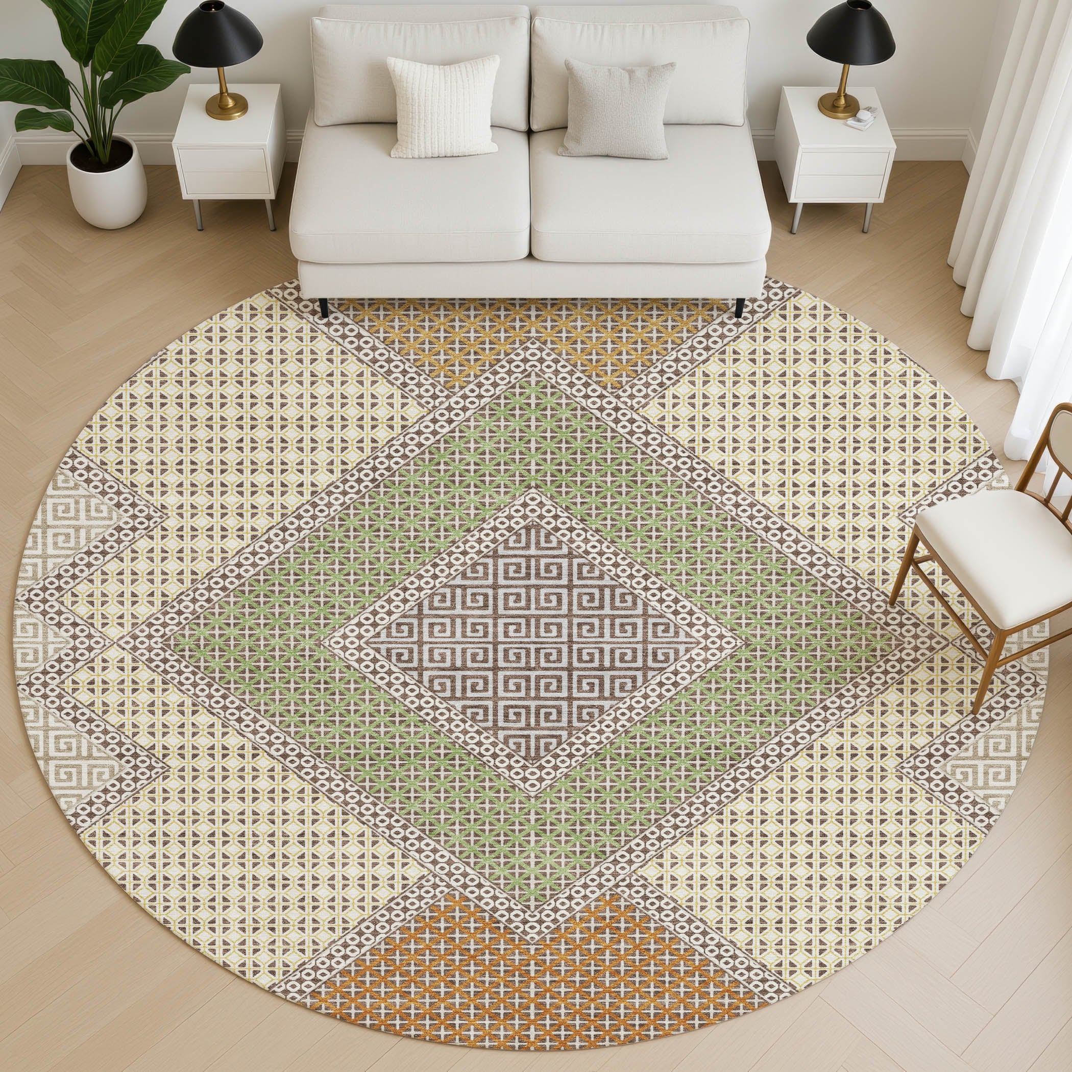 Sintra Machine Washable Transitional Brown Rug 8' x 8' #shape_Round