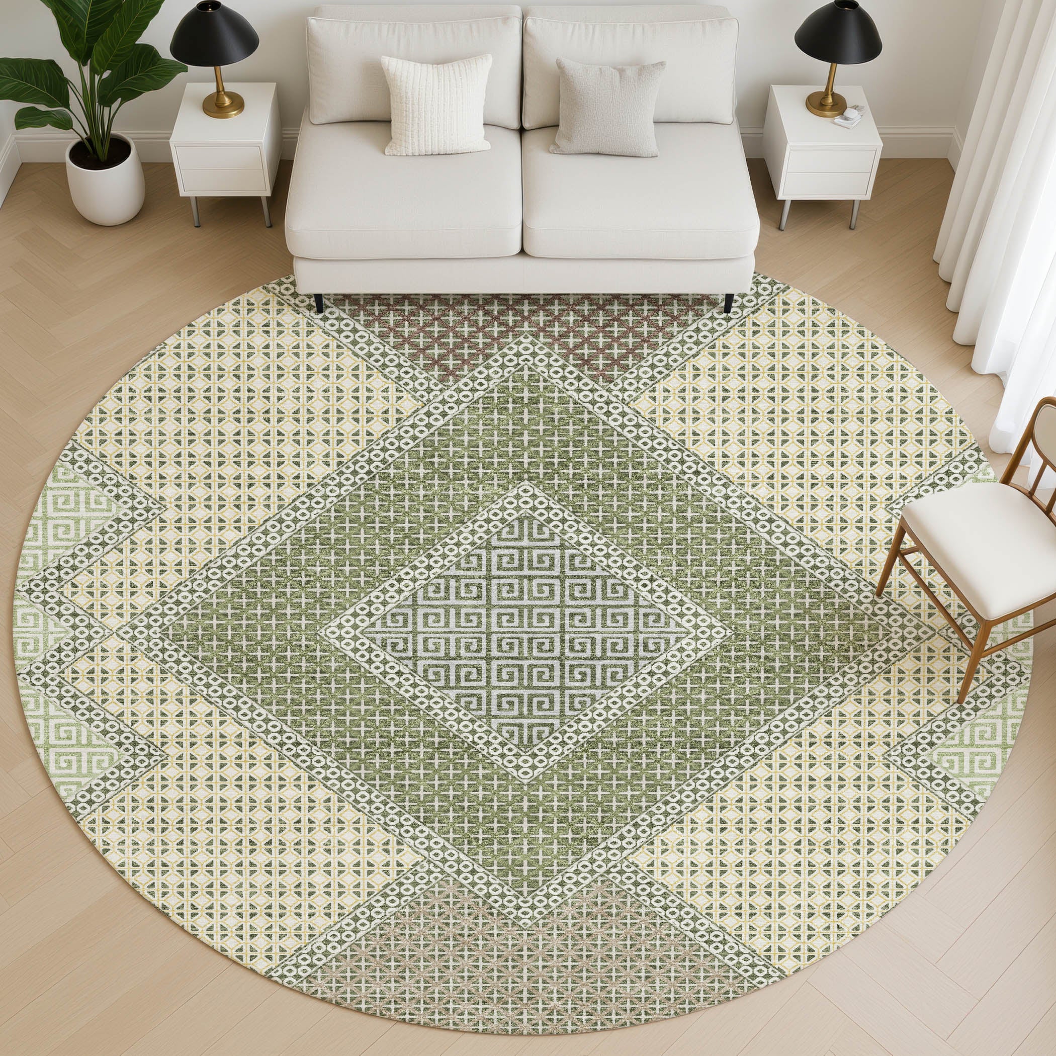 Sintra Machine Washable Transitional Green Rug 8' x 8' #shape_Round