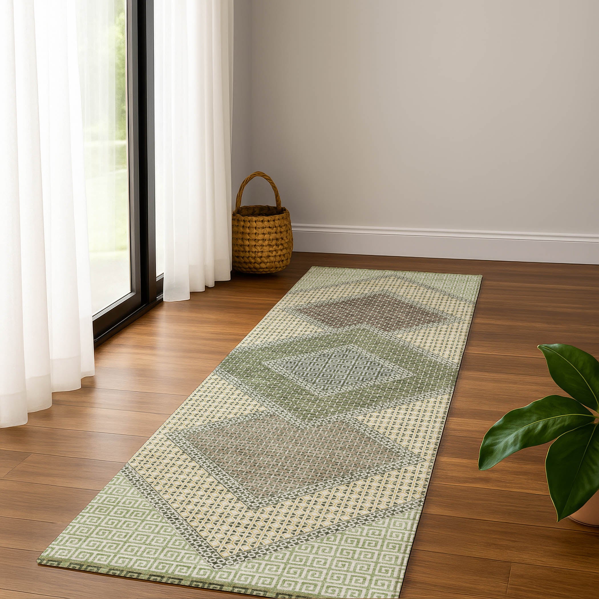 Sintra Machine Washable Transitional Green Rug 2'3" x 7'6" #shape_Runner