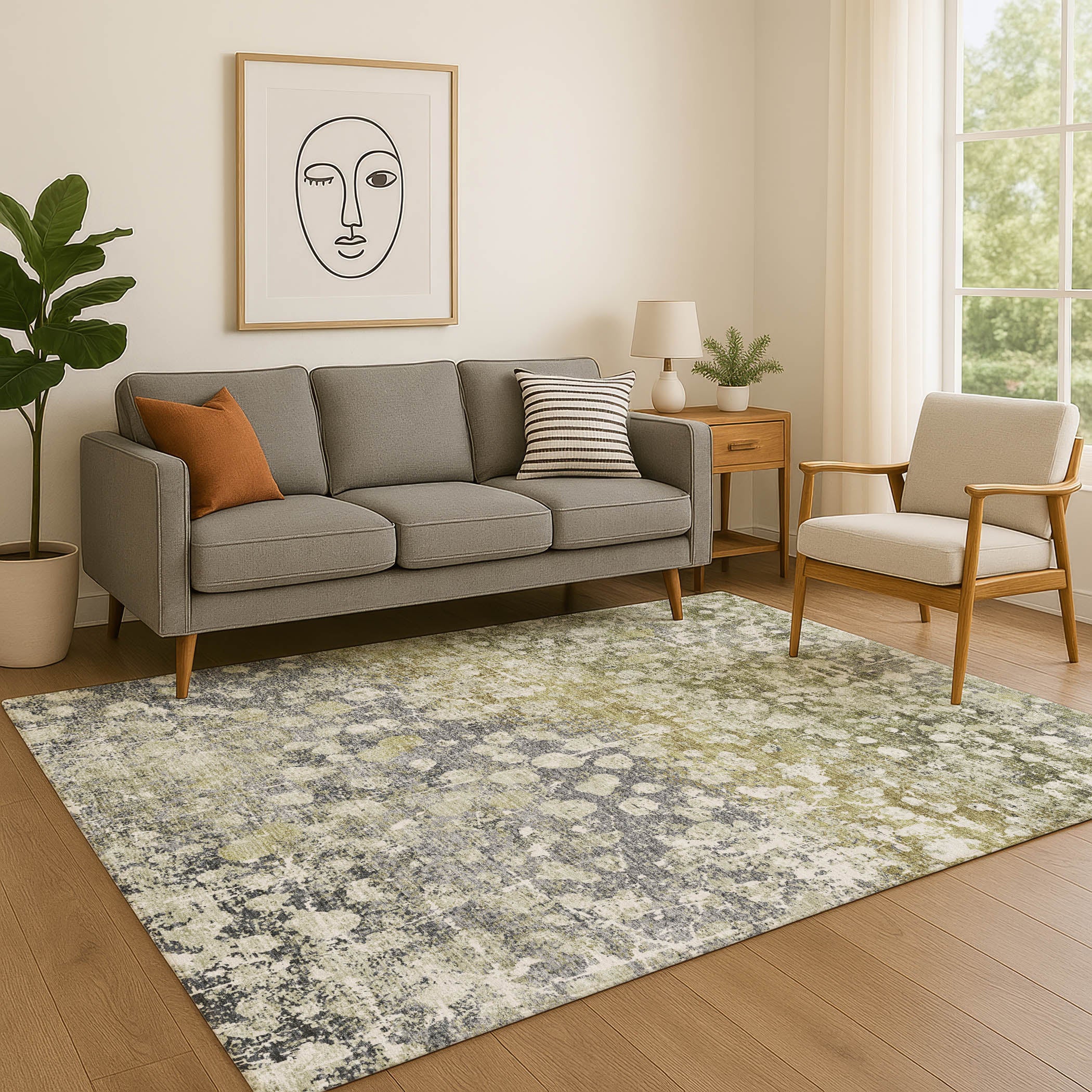 Bangkok Machine Washable Transitional Olive Green Rug 2'6" x 3'10" #shape_Rectangle