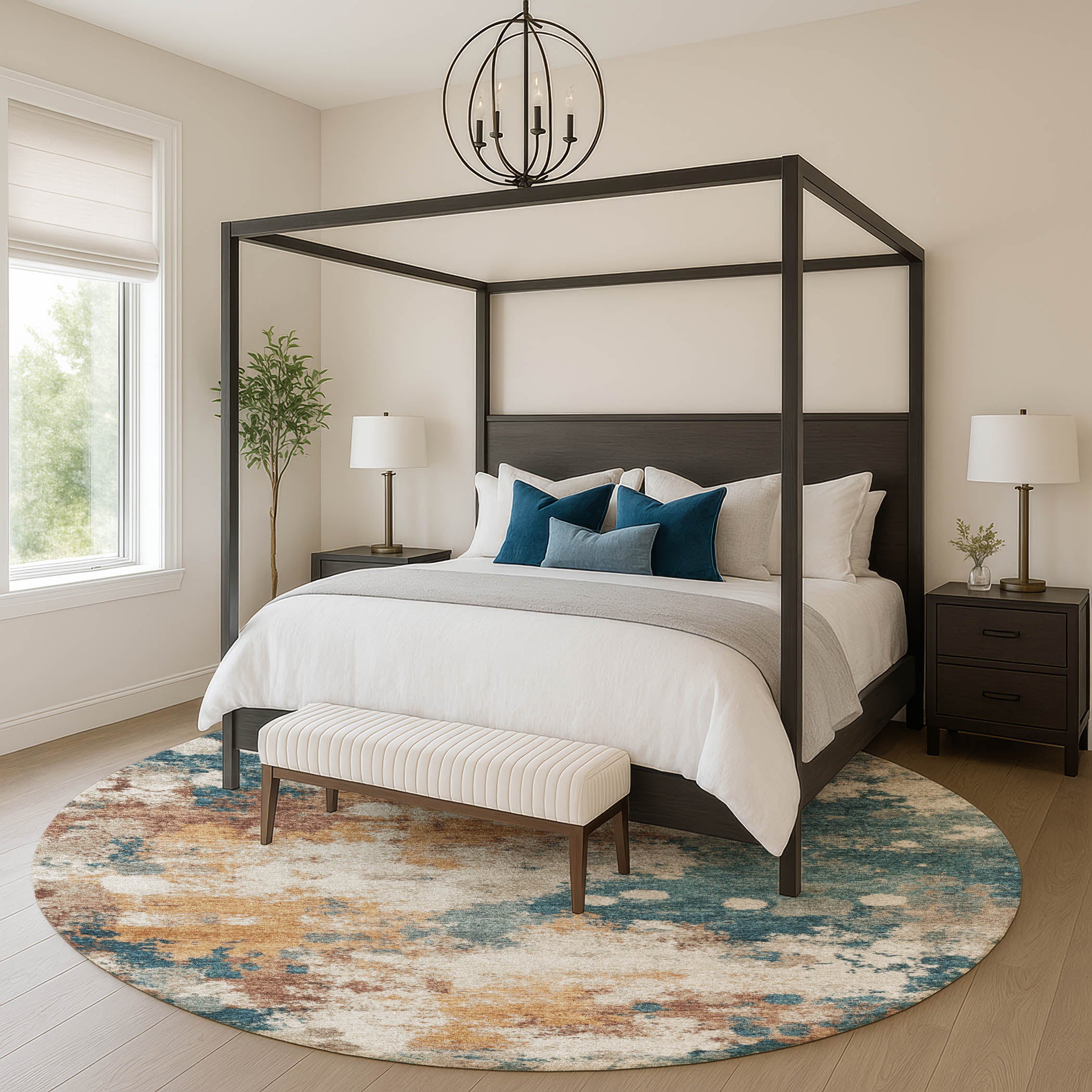 Porto Machine Washable Transitional Teal Rug 8' x 8' #shape_Round