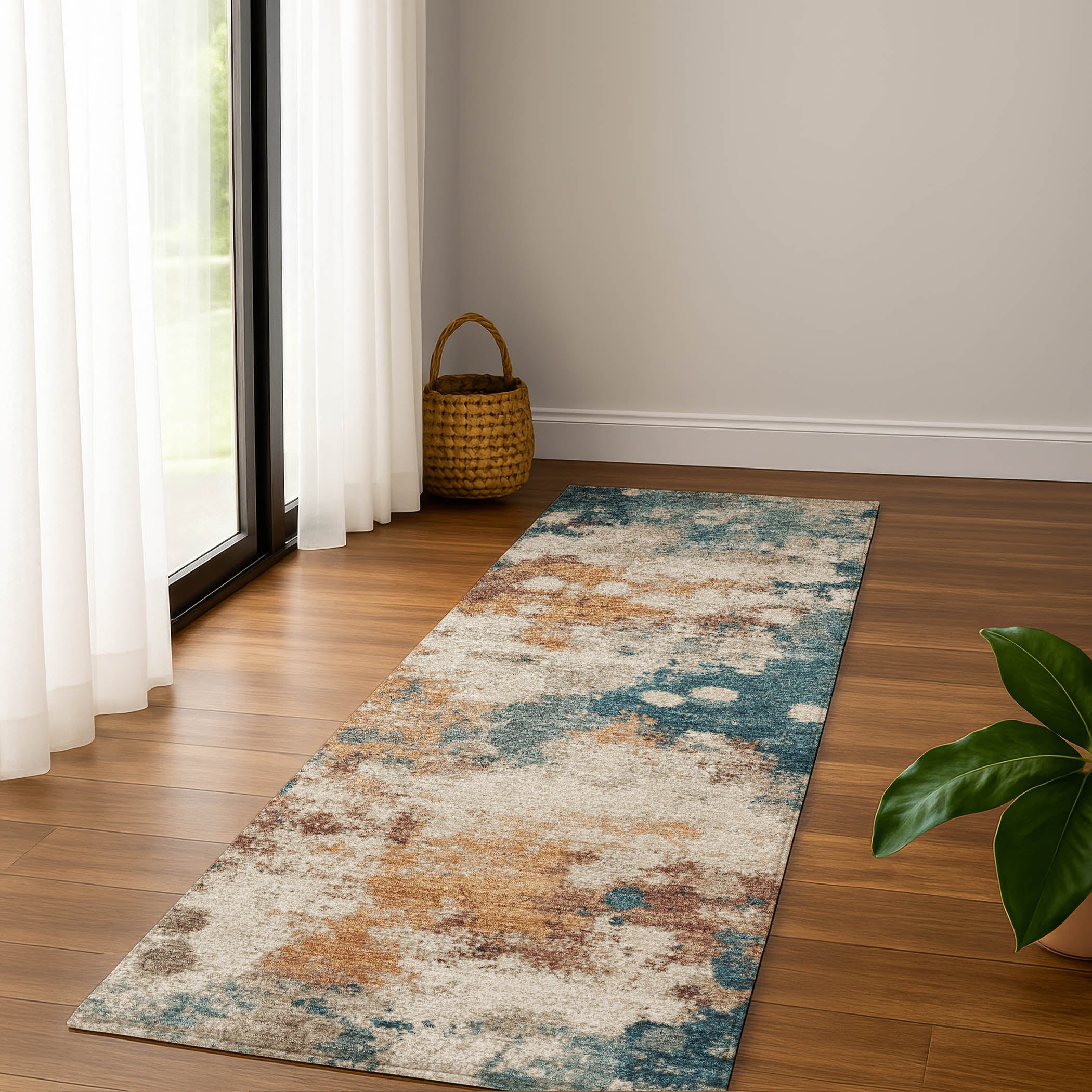 Porto Machine Washable Transitional Teal Rug 2'3" x 7'6" #shape_Runner