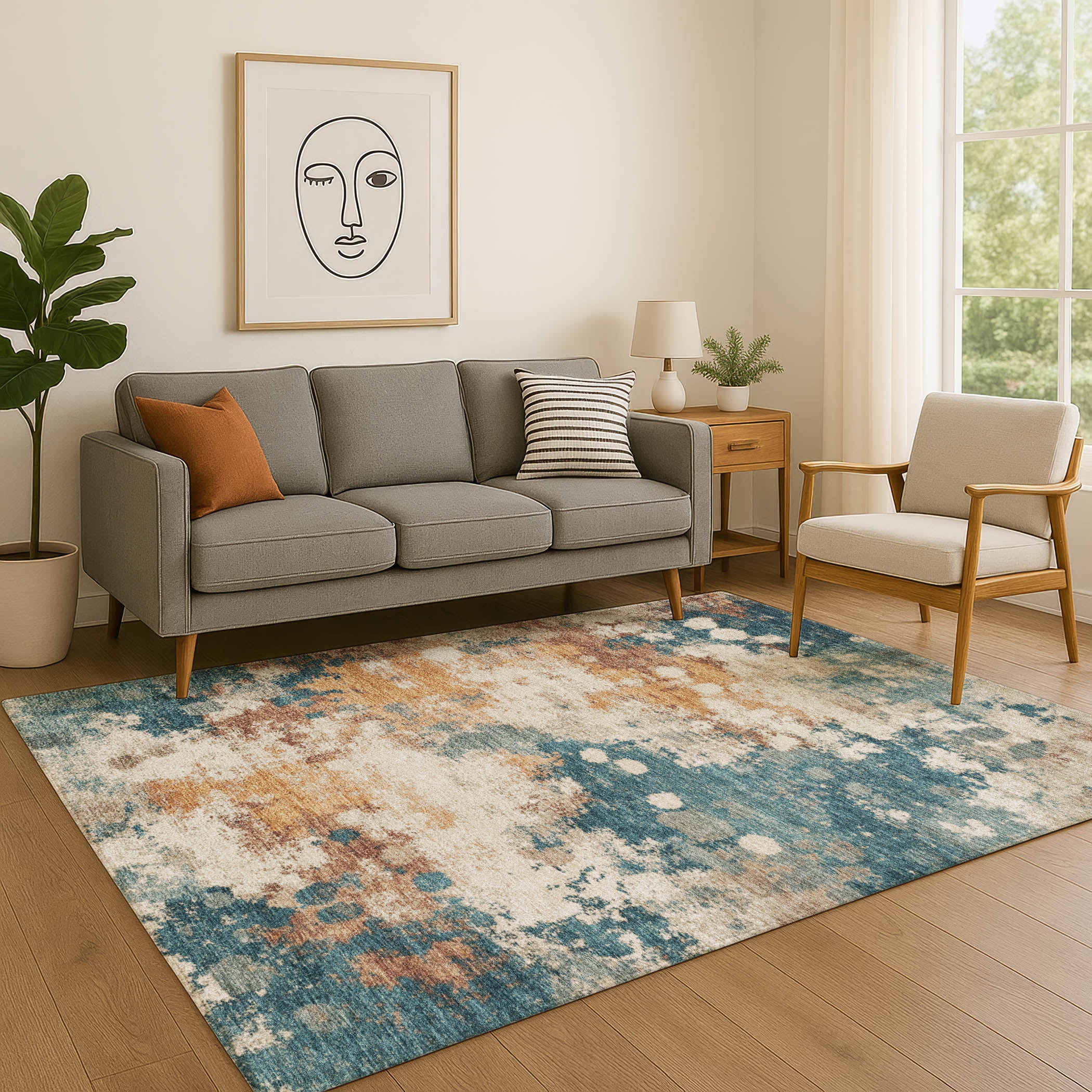 Porto Machine Washable Transitional Teal Rug 2'6" x 3'10" #shape_Rectangle