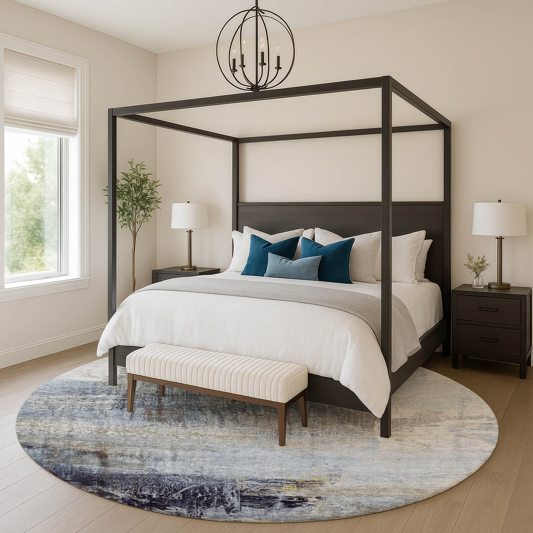 Luang Prabang Machine Washable Transitional Sky Blue Rug 8' x 8' #shape_Round