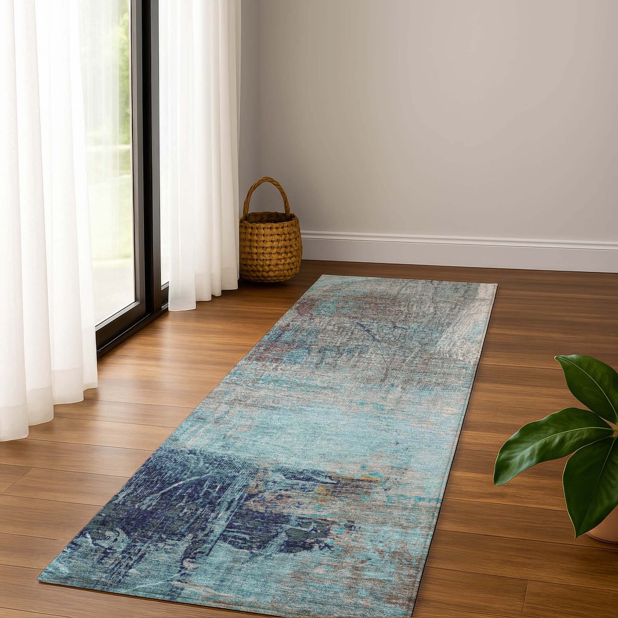 Luang Prabang Machine Washable Transitional Teal Rug 2'3" x 7'6" #shape_Runner