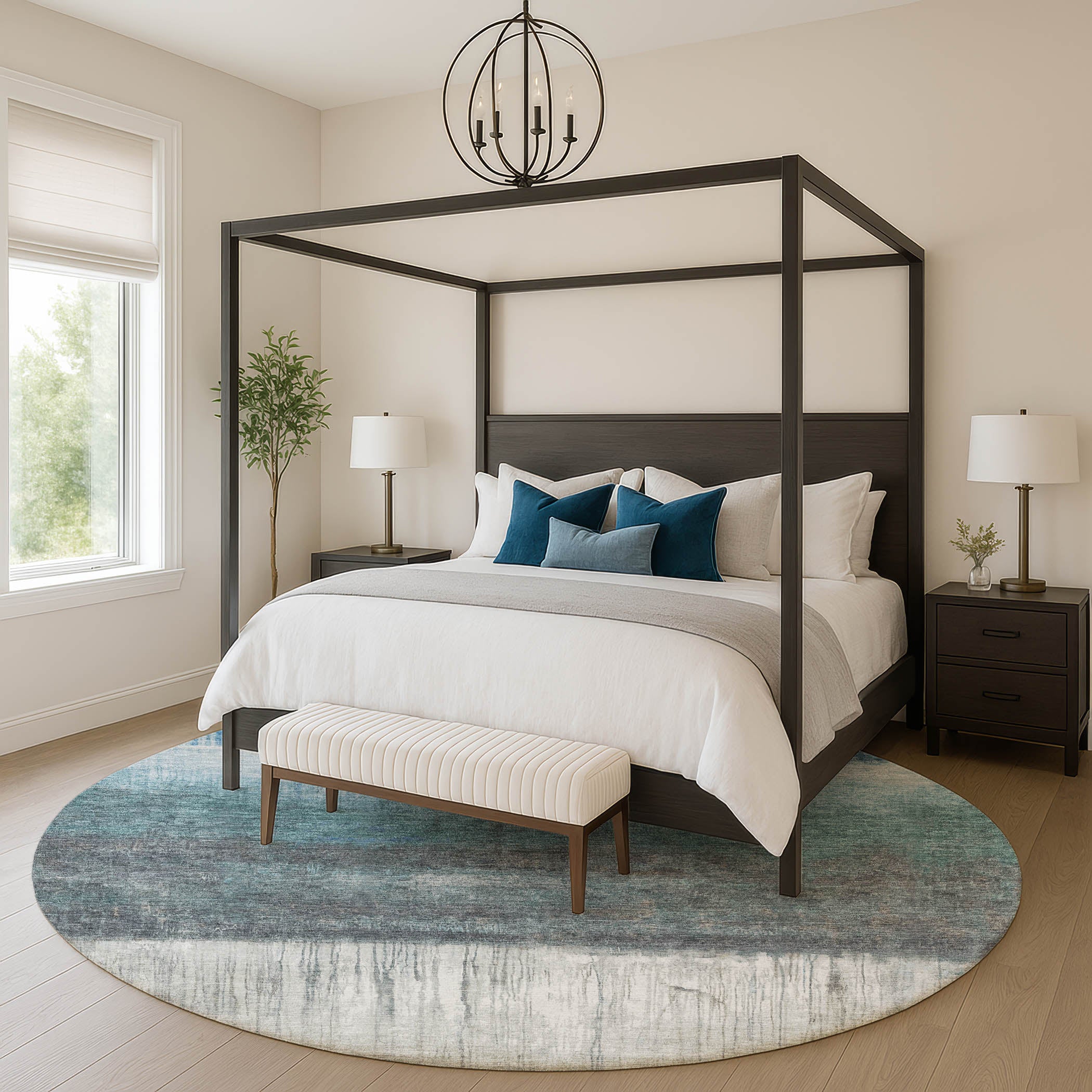 Hoi An Machine Washable Transitional Blue Rug 8' x 8' #shape_Round