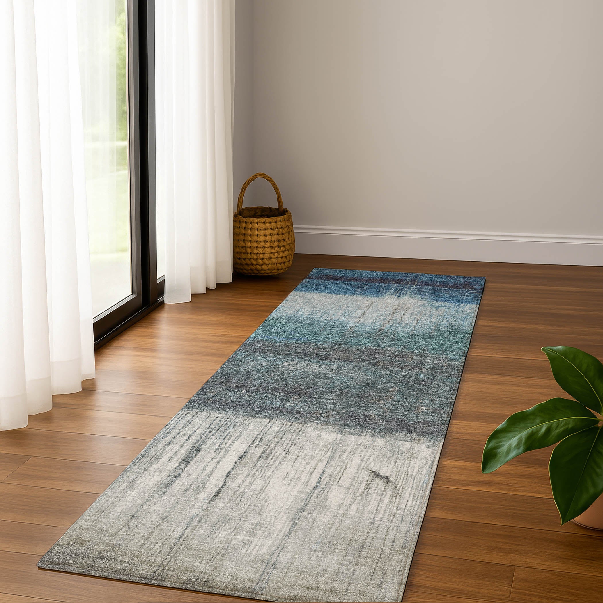Hoi An Machine Washable Transitional Blue Rug 2'3" x 7'6" #shape_Runner