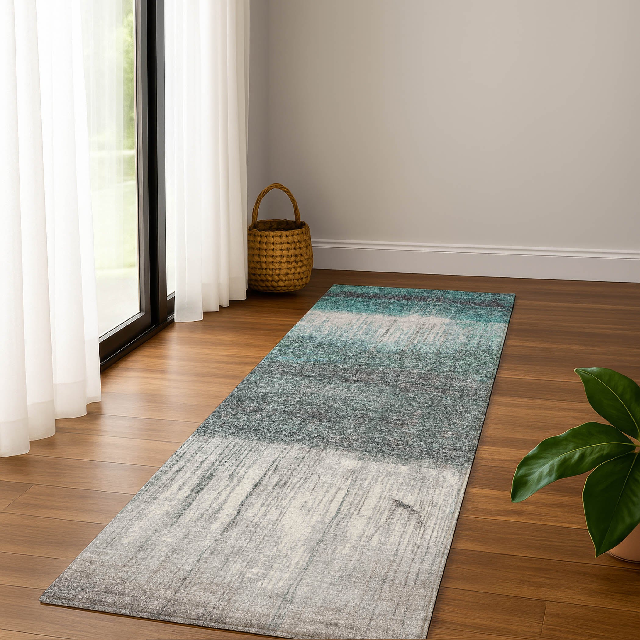 Hoi An Machine Washable Transitional Teal Rug 2'3" x 7'6" #shape_Runner