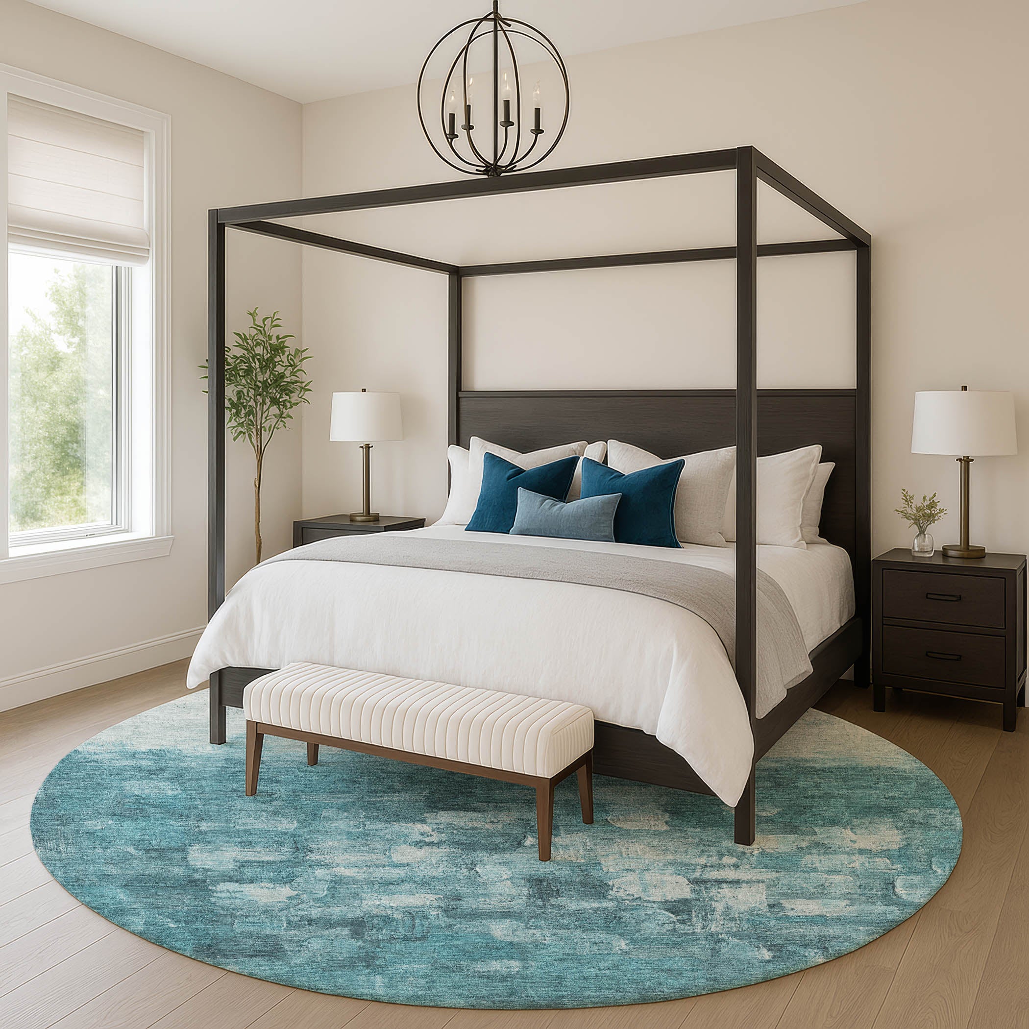 Rome Machine Washable Transitional Teal Rug 8' x 8' #shape_Round