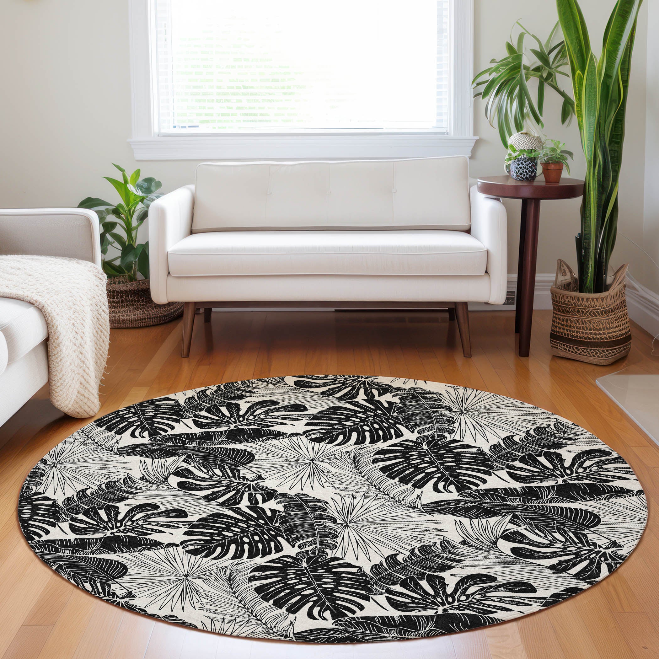 Cartagena Machine Washable Tropical Midnight Black Rug 8' x 8' #shape_Round