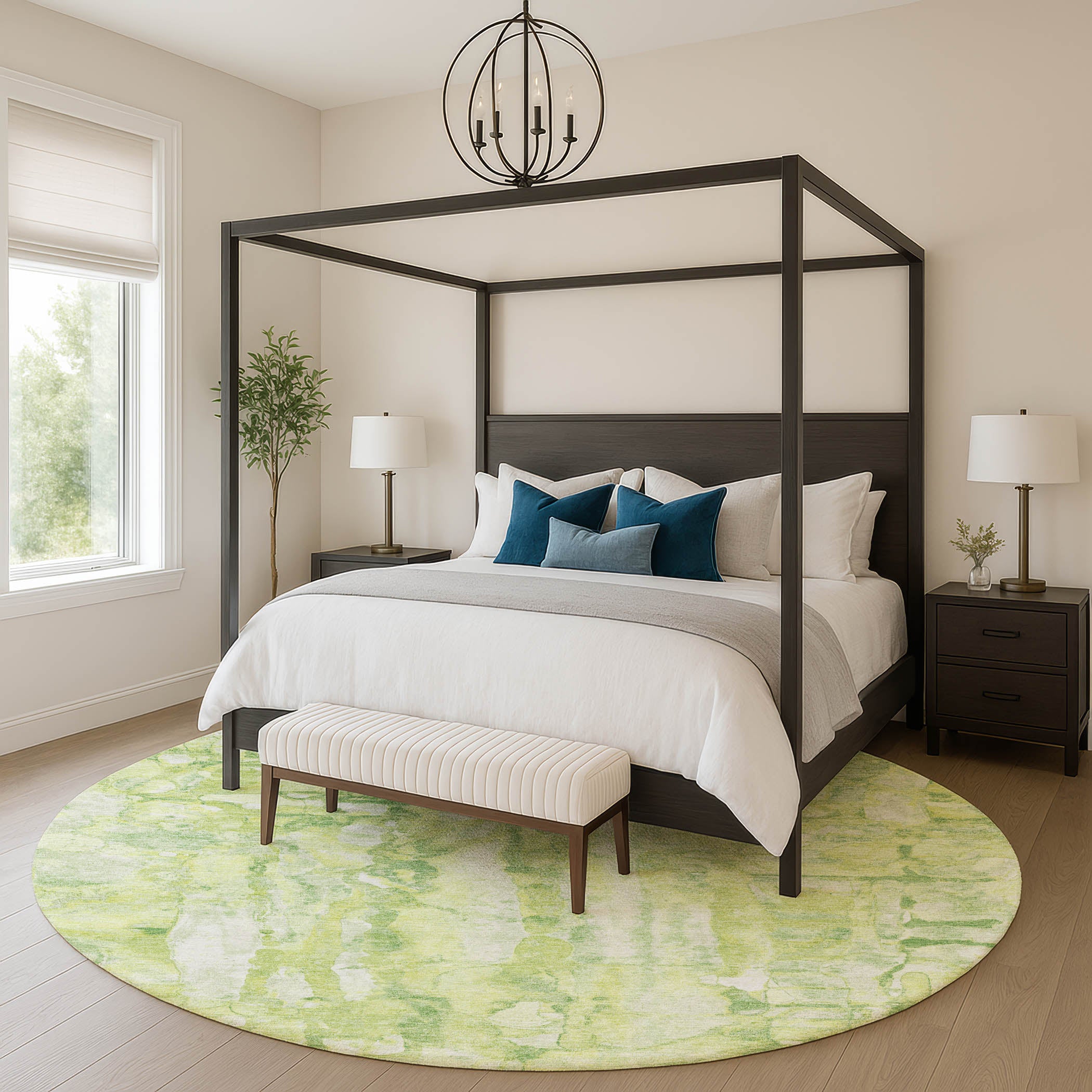 Luang Prabang Machine Washable Transitional Lime Green Rug 8' x 8' #shape_Round