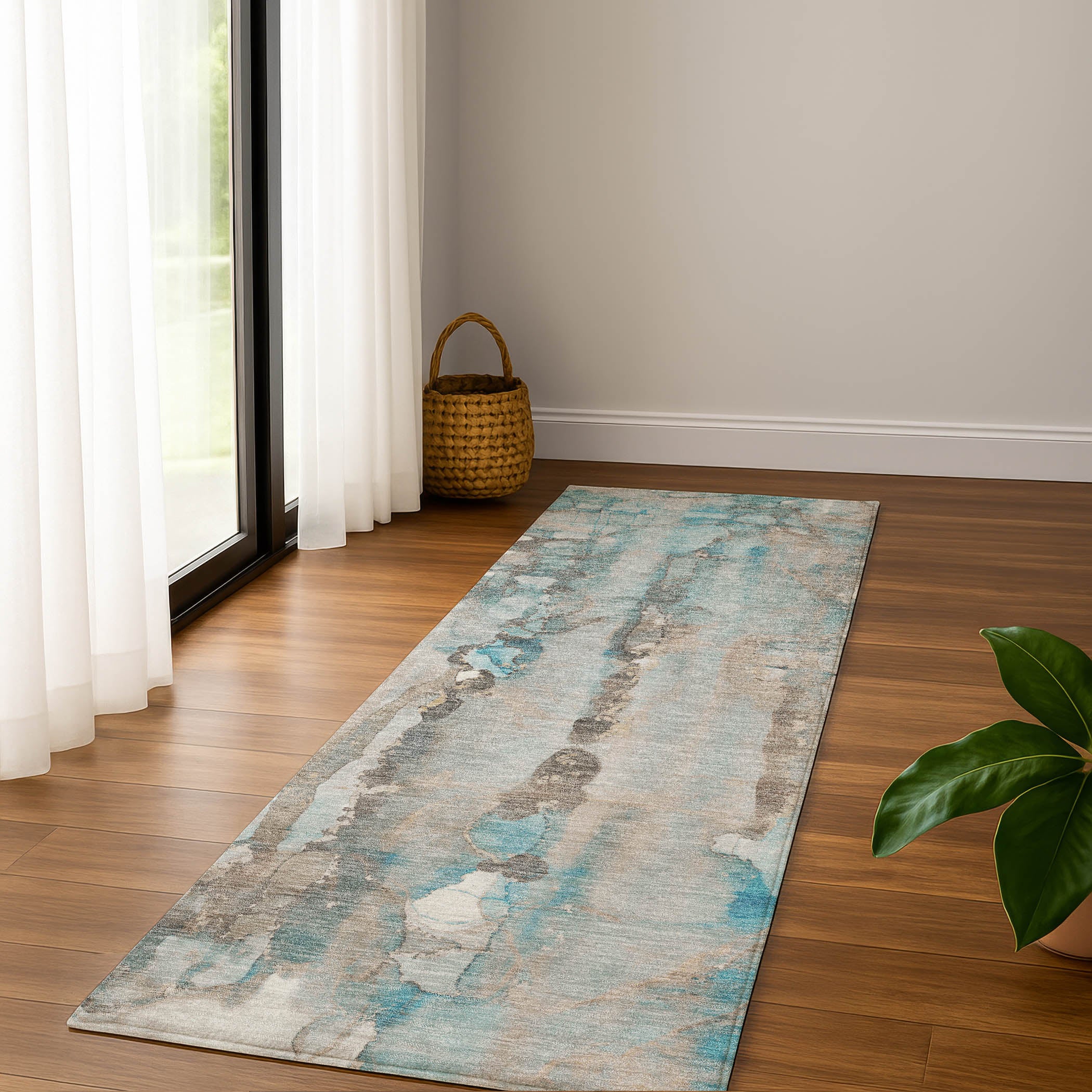 Luang Prabang Machine Washable Transitional Teal Rug 2'3" x 7'6" #shape_Runner