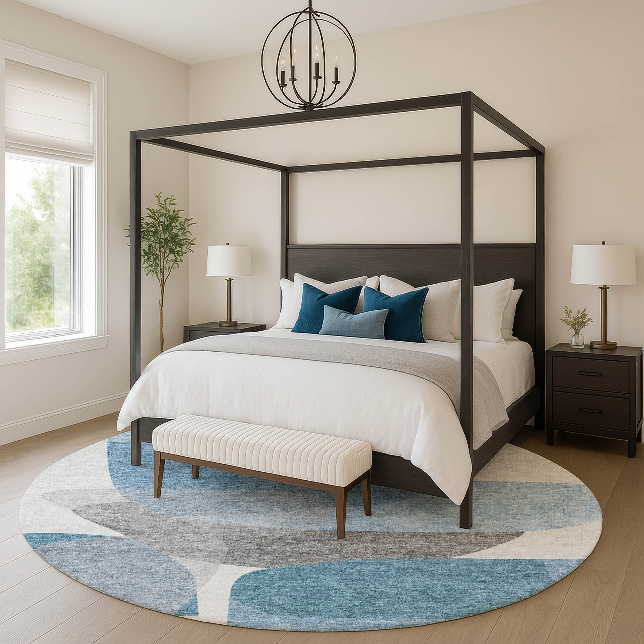 Lima Machine Washable Transitional Denim Blue Rug 8' x 8' #shape_Round