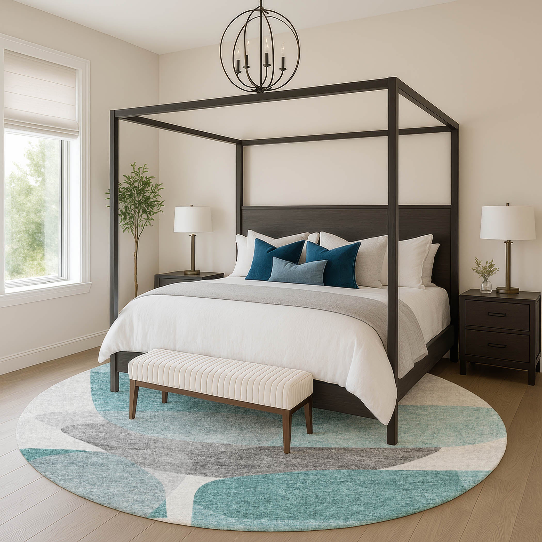Lima Machine Washable Transitional Teal Rug 8' x 8' #shape_Round