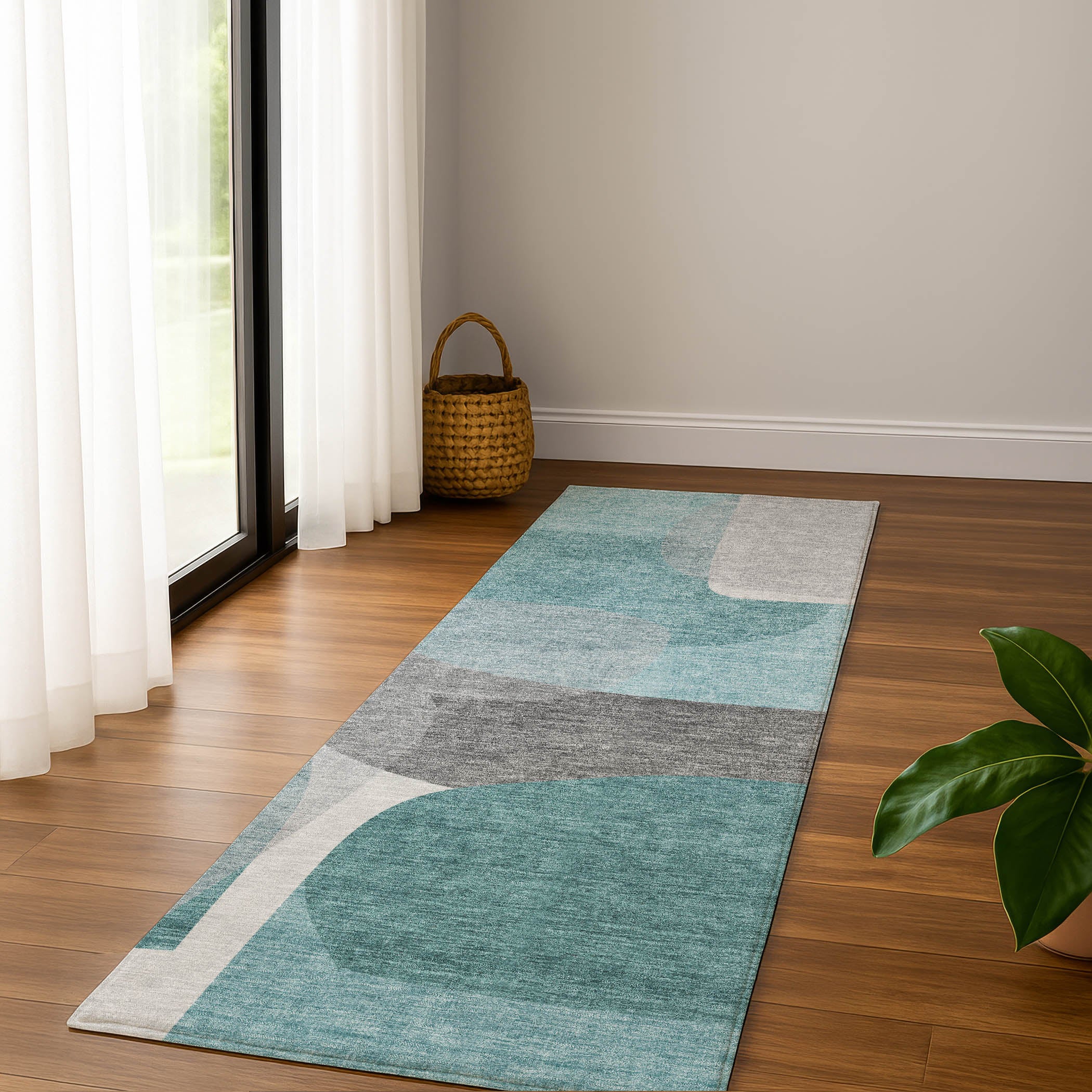 Lima Machine Washable Transitional Teal Rug 2'3" x 7'6" #shape_Runner