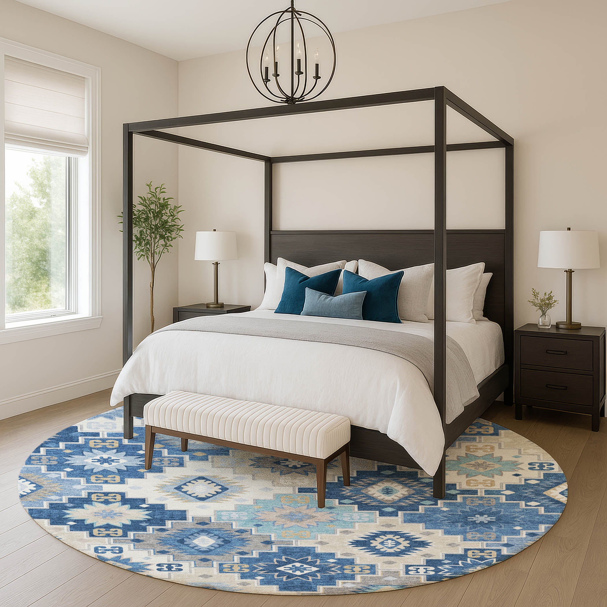 Athens Machine Washable Transitional Blue Rug 8' x 8' #shape_Round