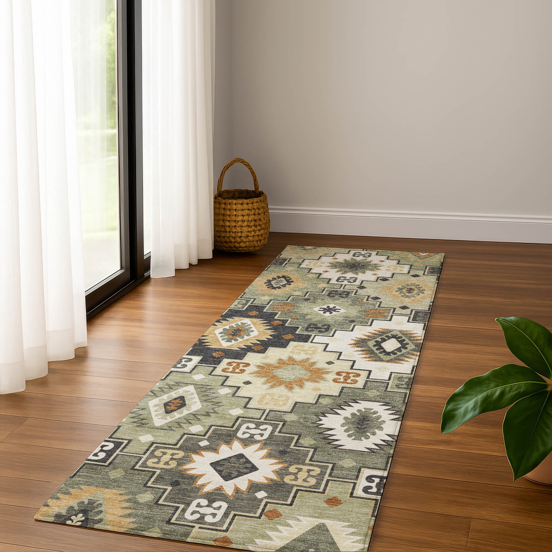 Athens Machine Washable Transitional Fern Green Rug 2'3" x 7'6" #shape_Runner