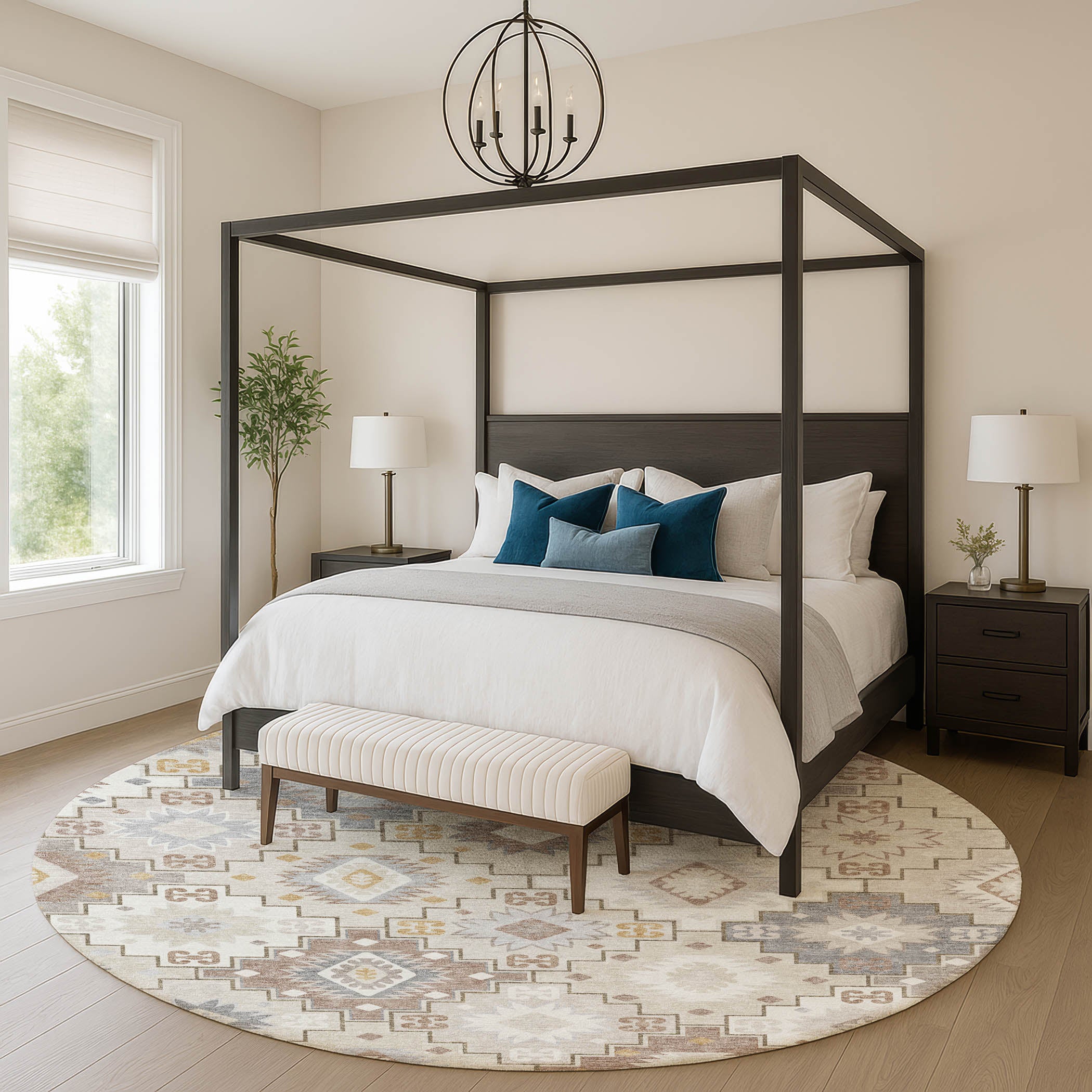 Athens Machine Washable Transitional Ivory Rug 8' x 8' #shape_Round