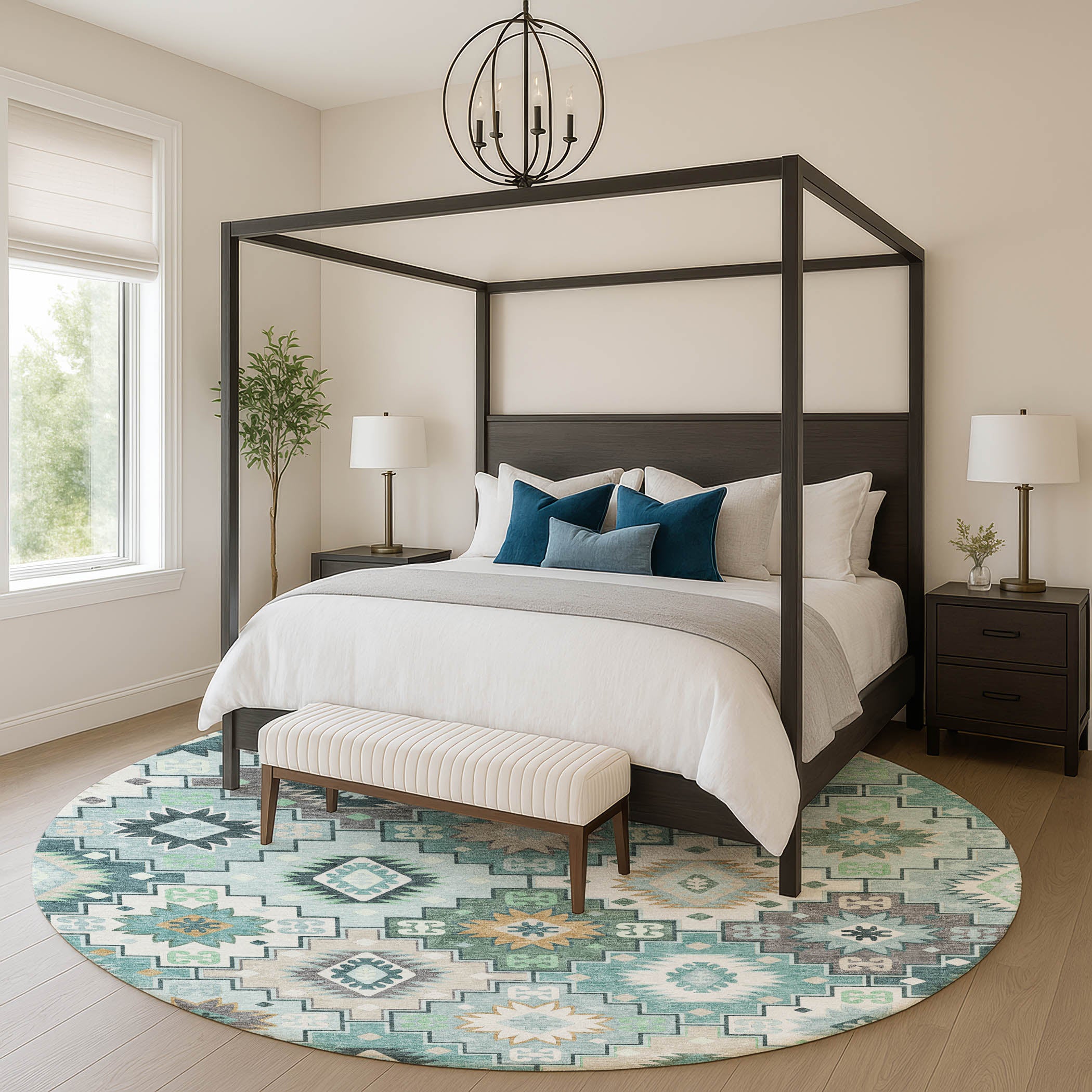 Athens Machine Washable Transitional Teal Rug 8' x 8' #shape_Round