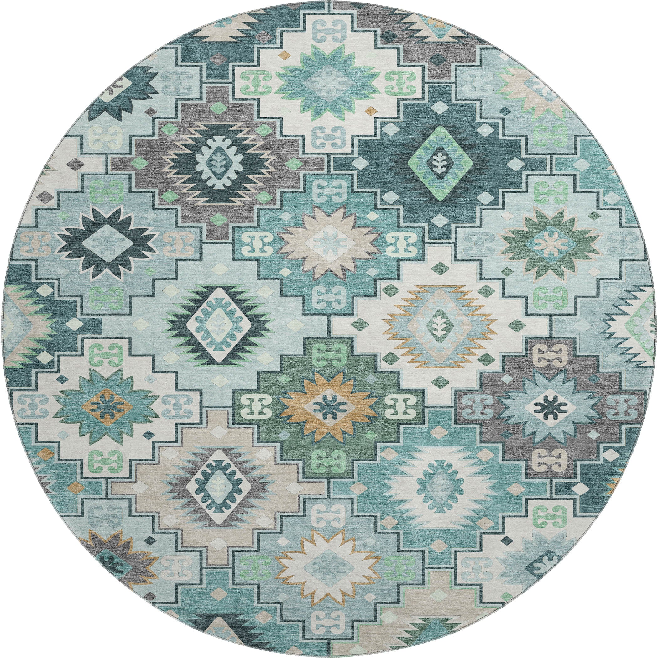 Athens Machine Washable Transitional Teal Rug 8' x 8' #shape_Round
