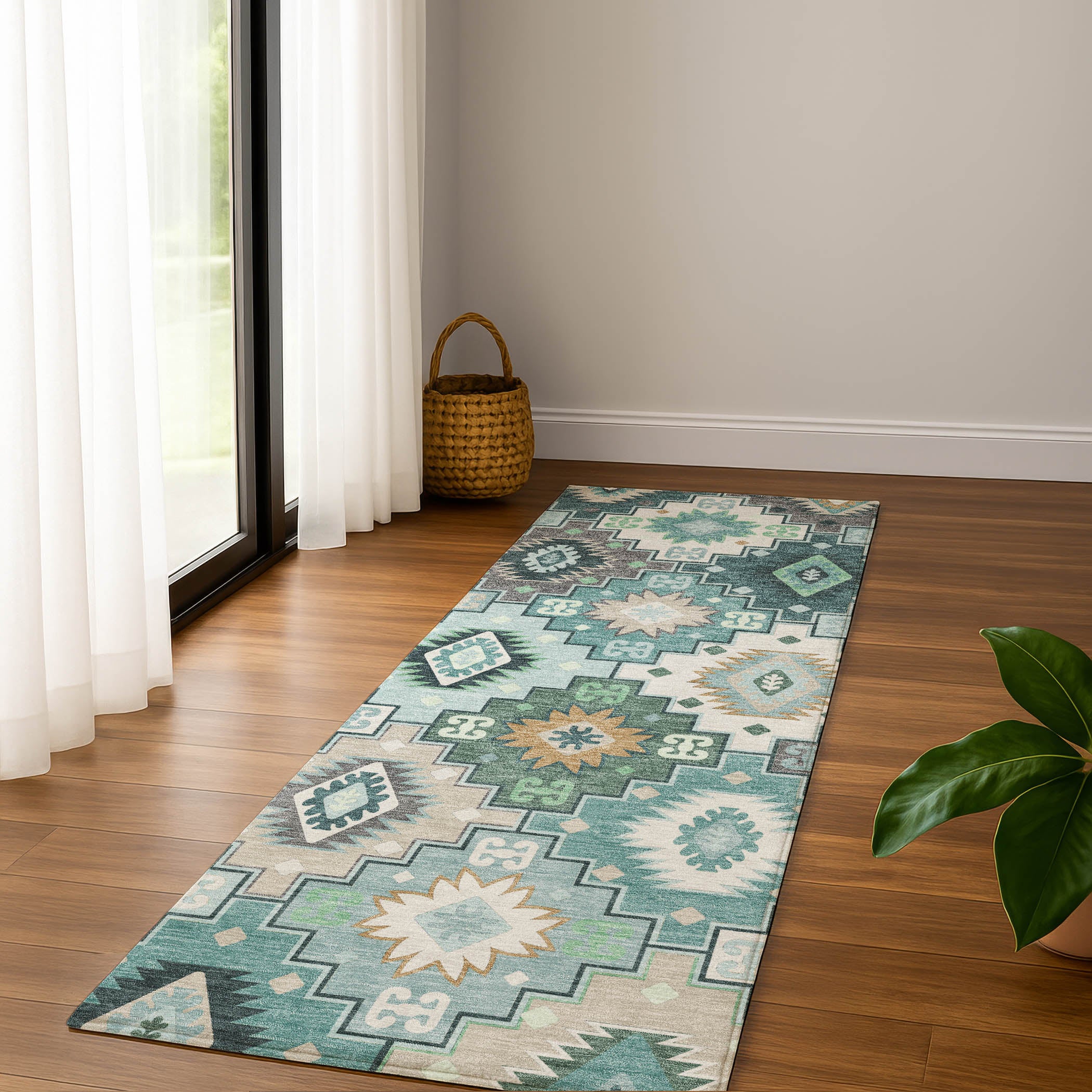 Athens Machine Washable Transitional Teal Rug 2'3" x 7'6" #shape_Runner
