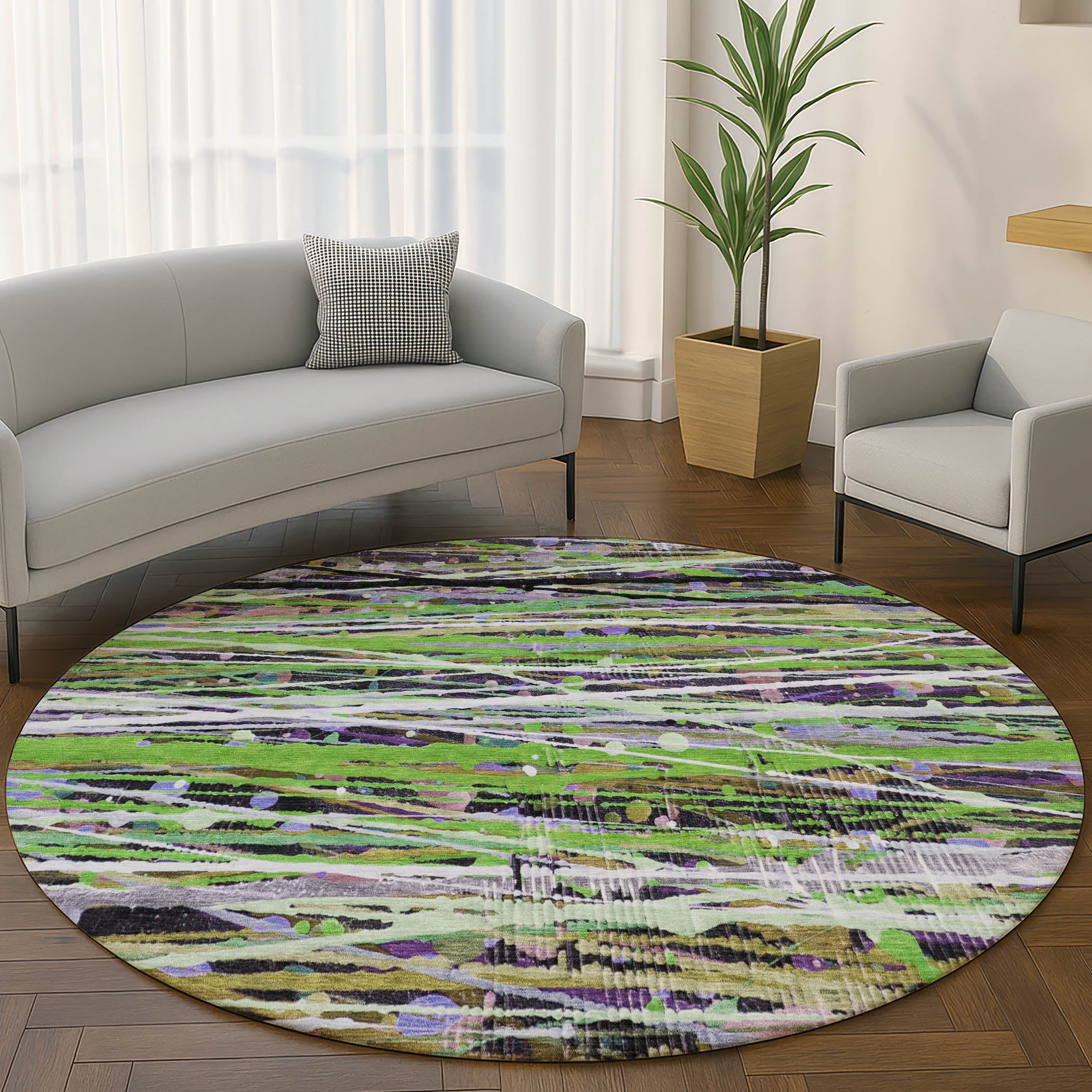 Luang Prabang Machine Washable Transitional Green Rug 8' x 8' #shape_Round