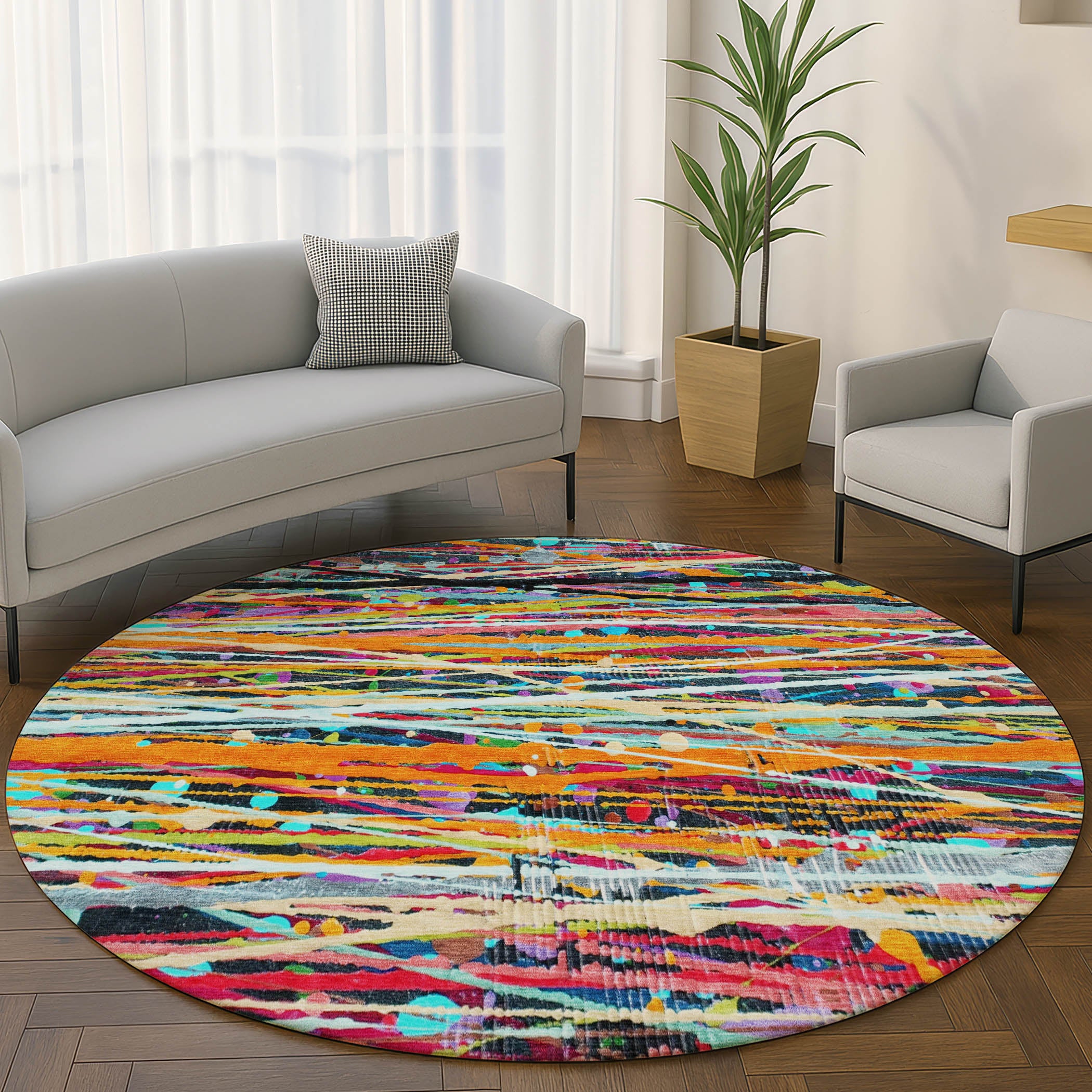 Luang Prabang Machine Washable Transitional Orange Rug 8' x 8' #shape_Round