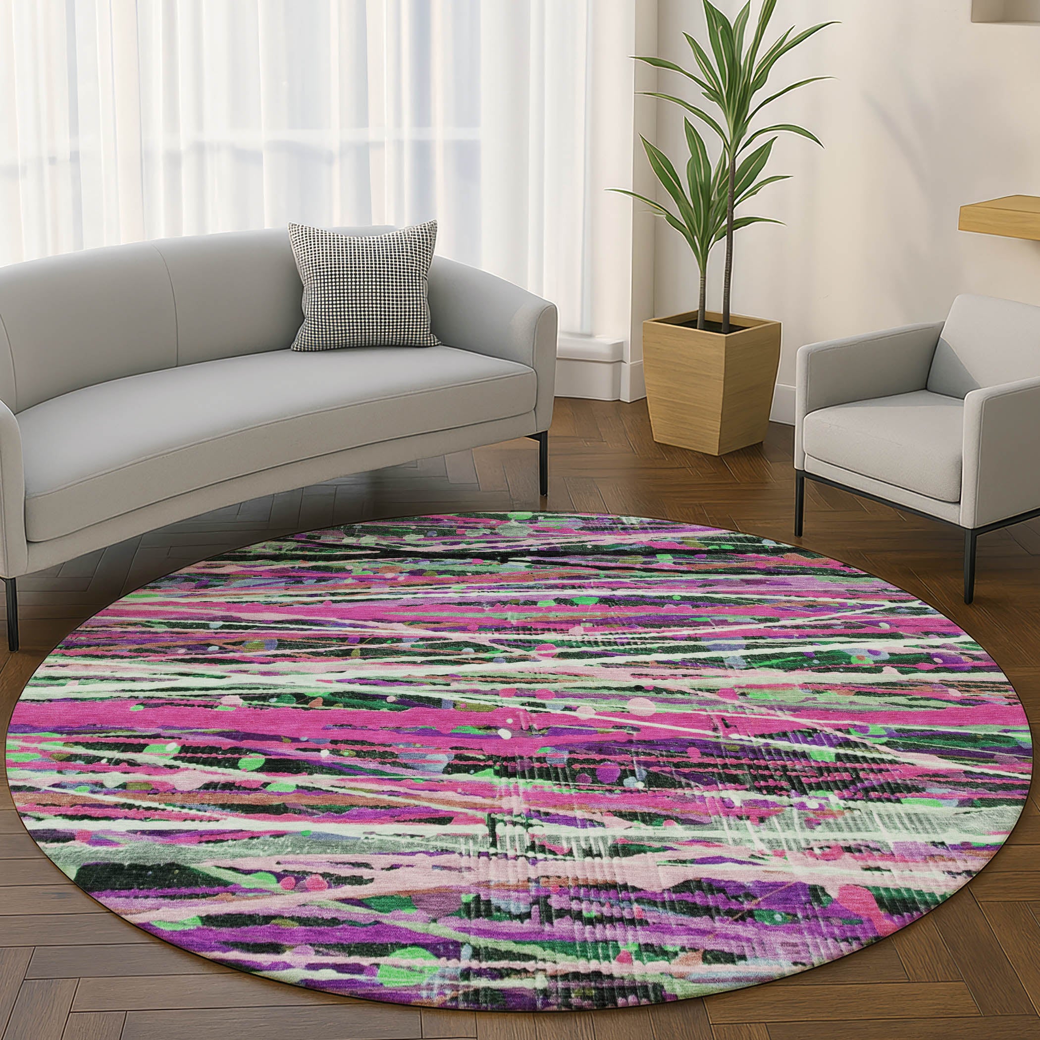 Luang Prabang Machine Washable Transitional Pink Rug 8' x 8' #shape_Round