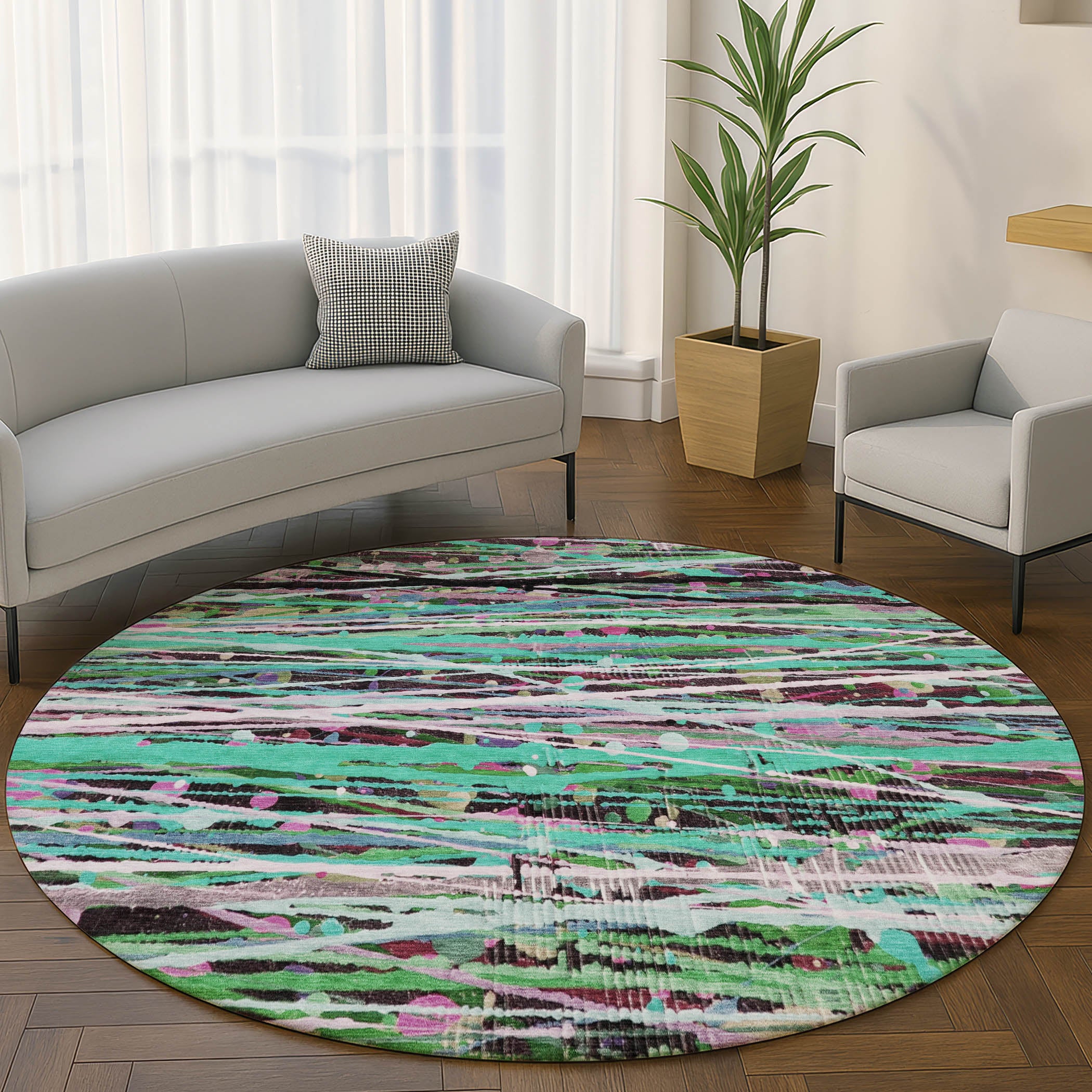 Luang Prabang Machine Washable Transitional Teal Rug 8' x 8' #shape_Round