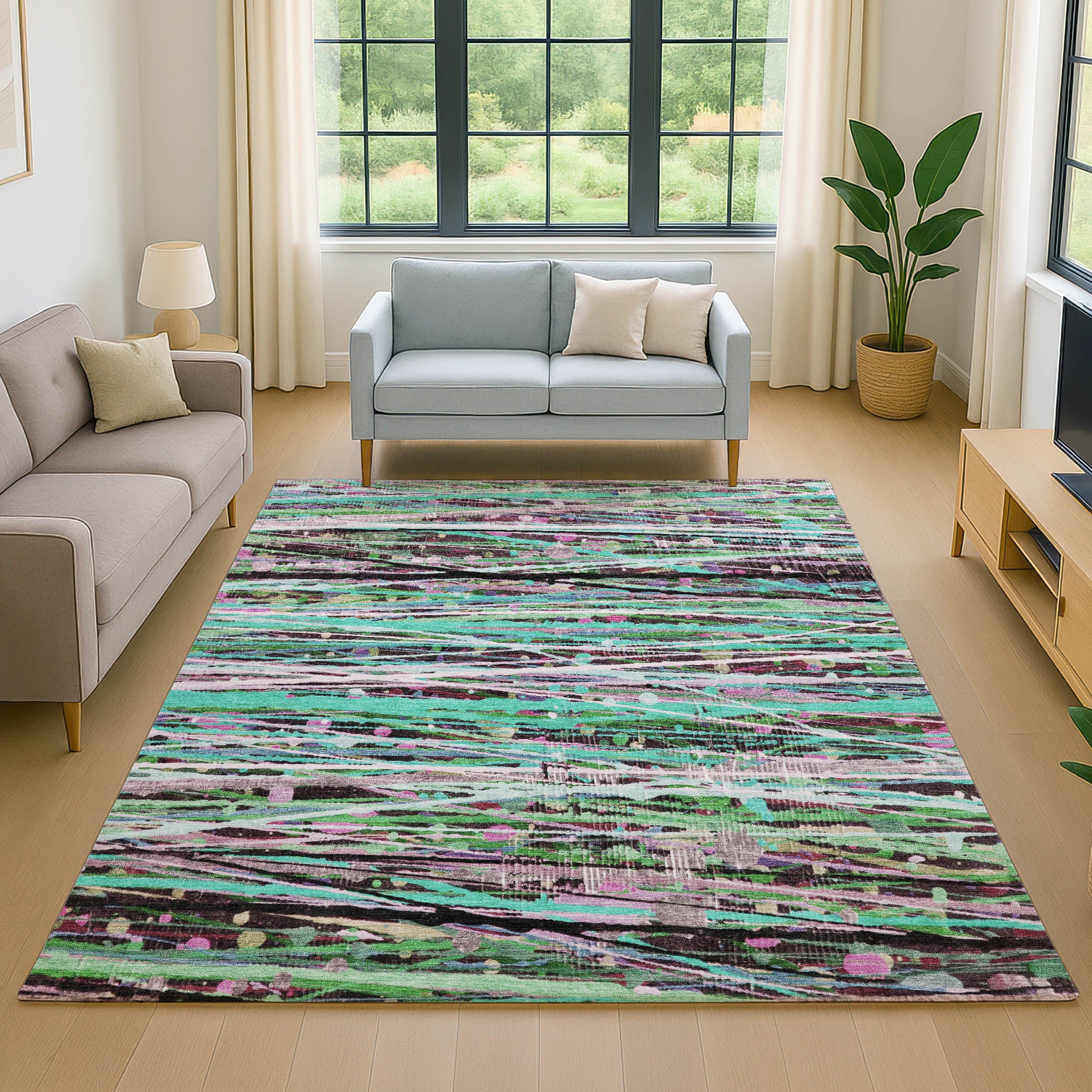 Luang Prabang Machine Washable Transitional Teal Rug 2'6" x 3'10" #shape_Rectangle
