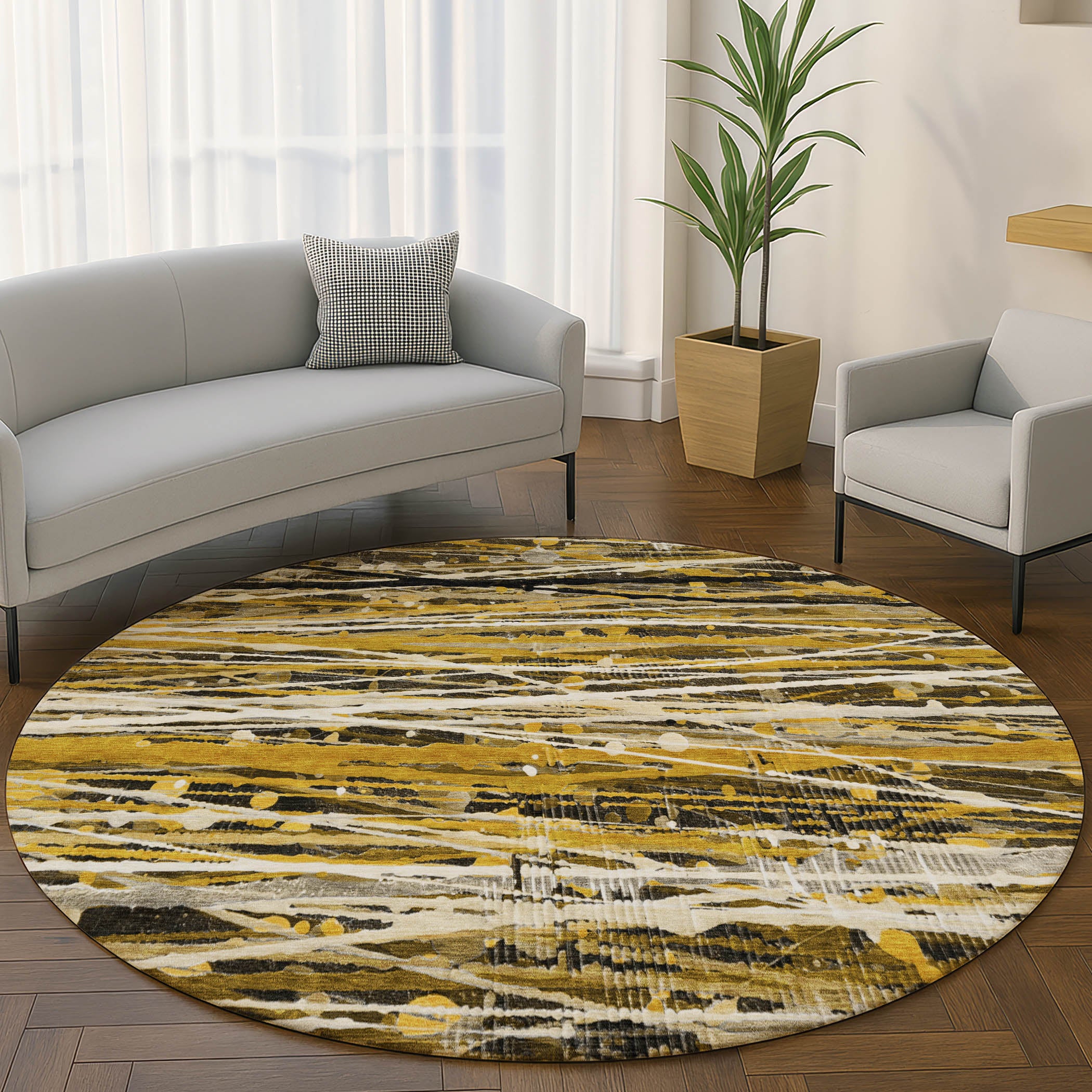 Cusco Machine Washable Transitional Brown Rug 8' x 8' #shape_Round