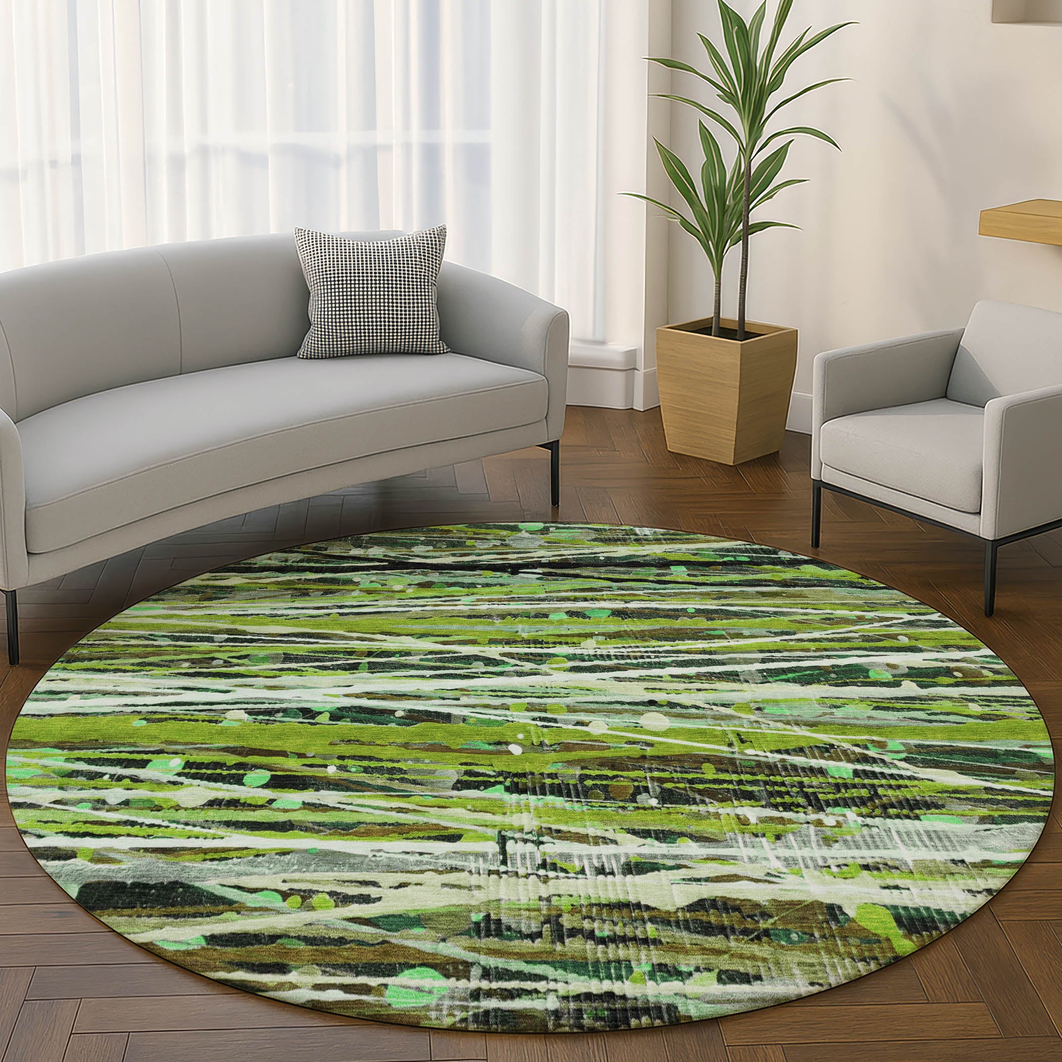 Cusco Machine Washable Transitional Green Rug 8' x 8' #shape_Round