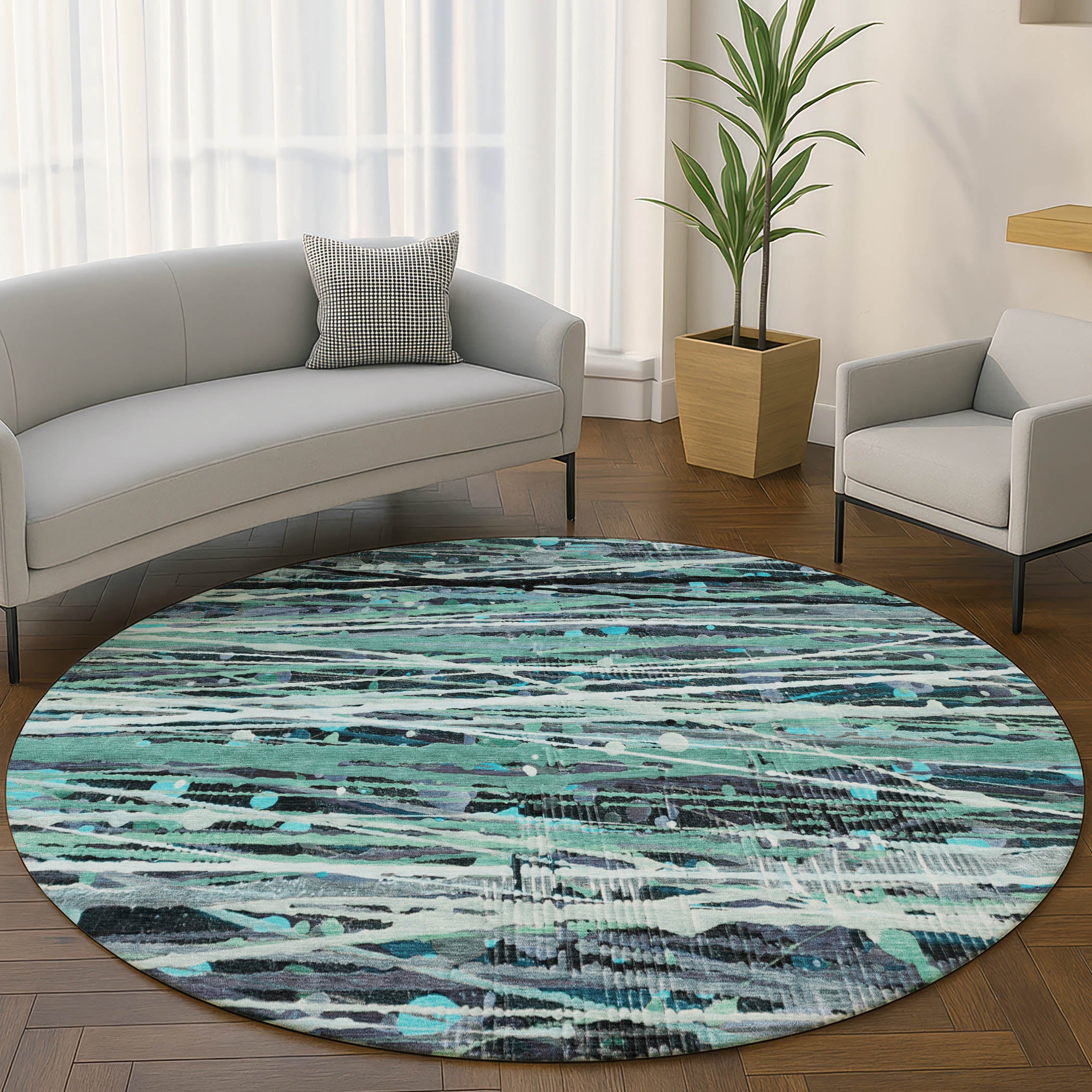 Cusco Machine Washable Transitional Teal Rug 8' x 8' #shape_Round