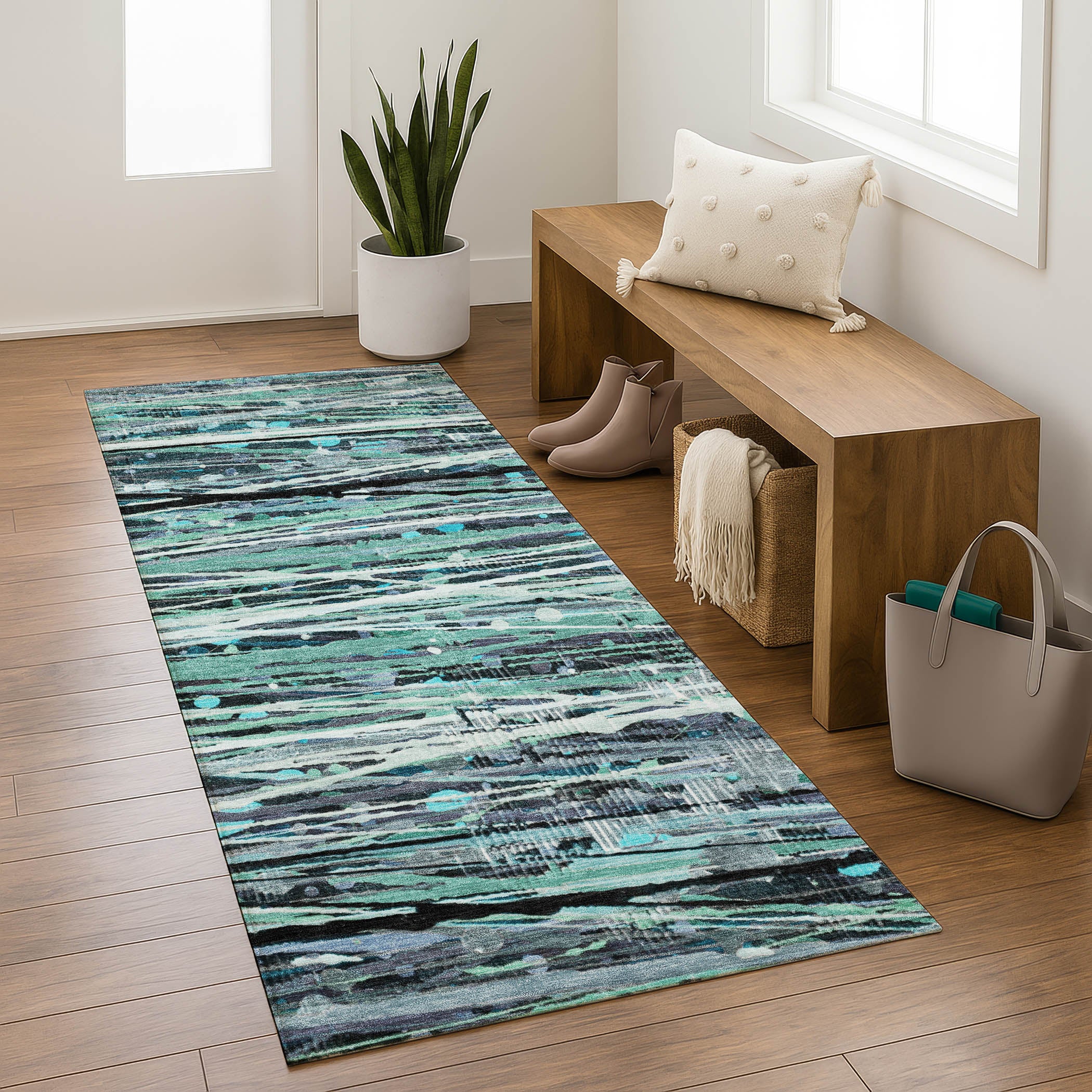 Cusco Machine Washable Transitional Teal Rug 2'3" x 7'6" #shape_Runner