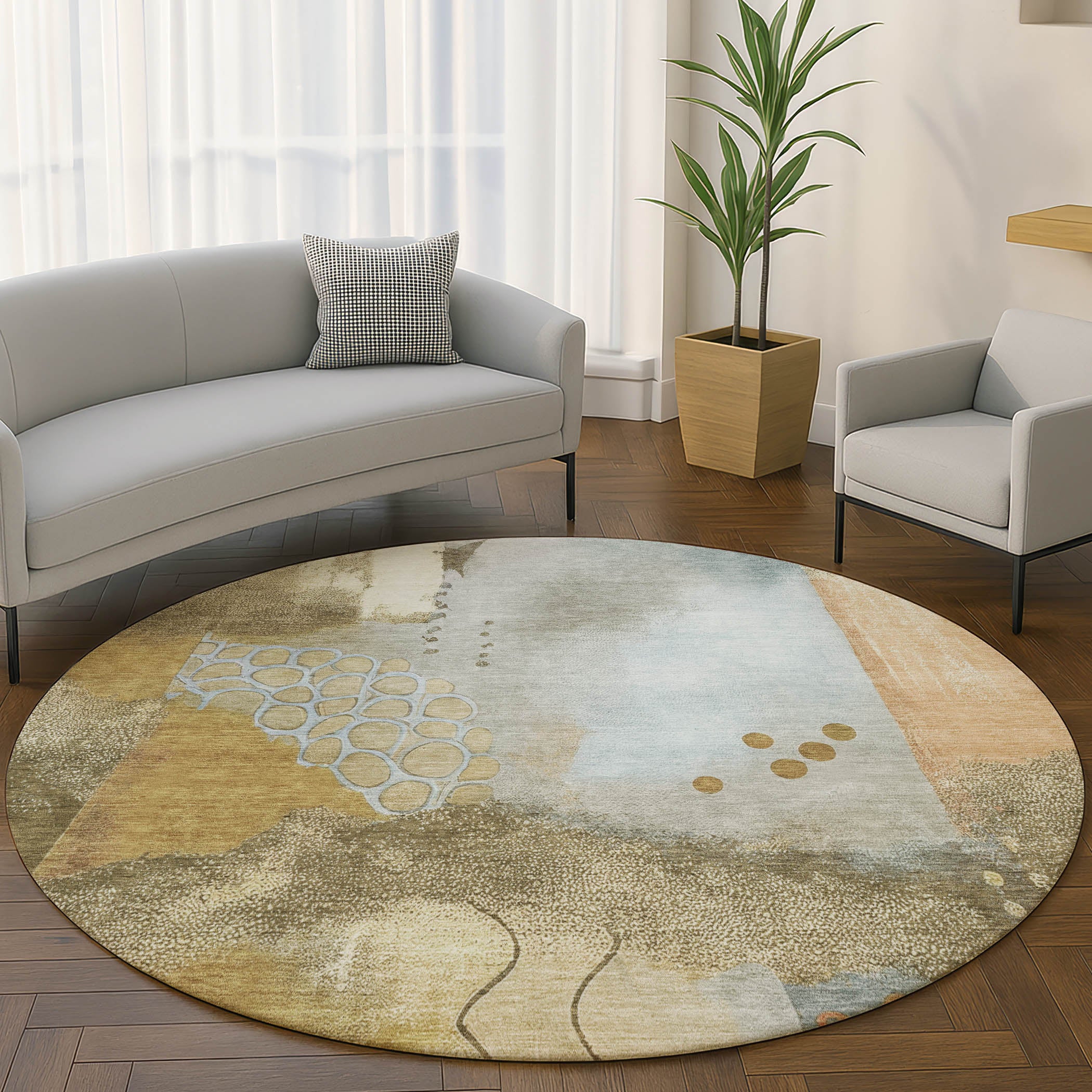 Cusco Machine Washable Transitional Brown Rug 8' x 8' #shape_Round