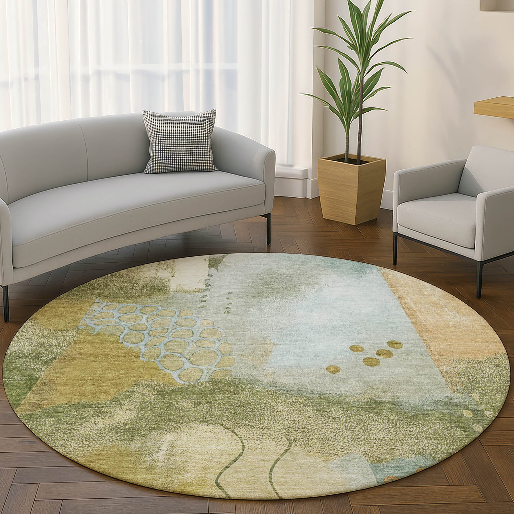 Cusco Machine Washable Transitional Green Rug 8' x 8' #shape_Round