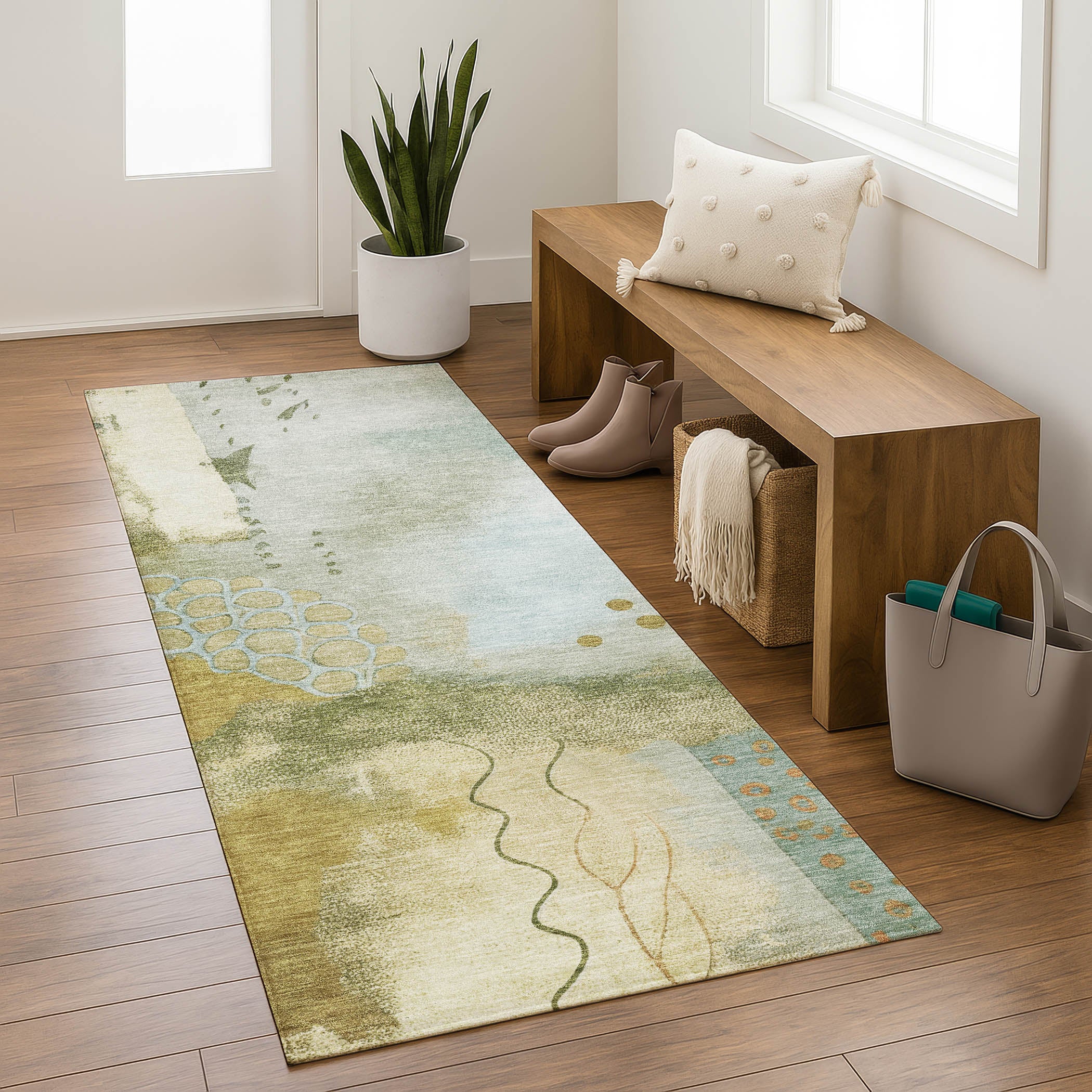 Cusco Machine Washable Transitional Green Rug 2'3" x 7'6" #shape_Runner