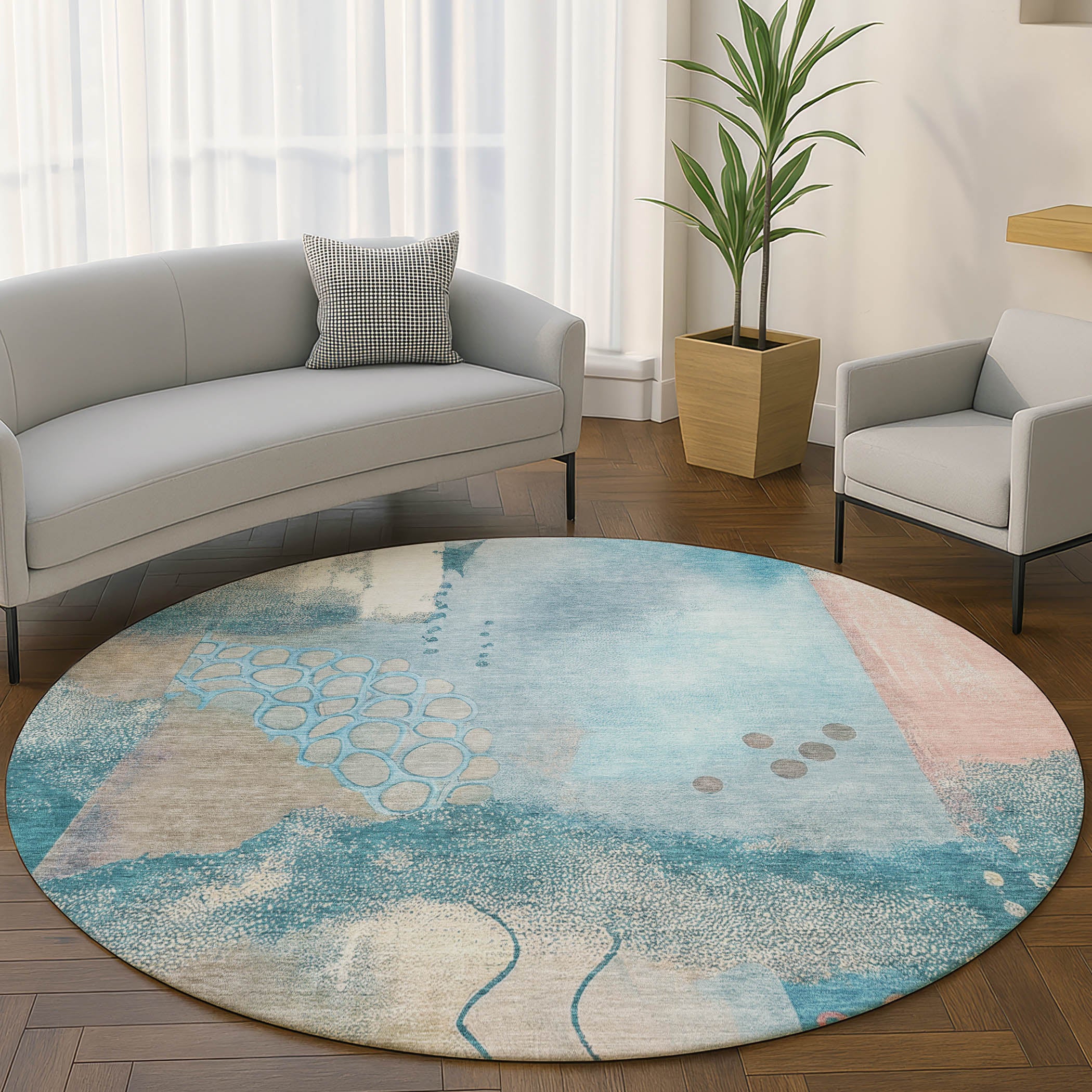 Cusco Machine Washable Transitional Teal Rug 8' x 8' #shape_Round