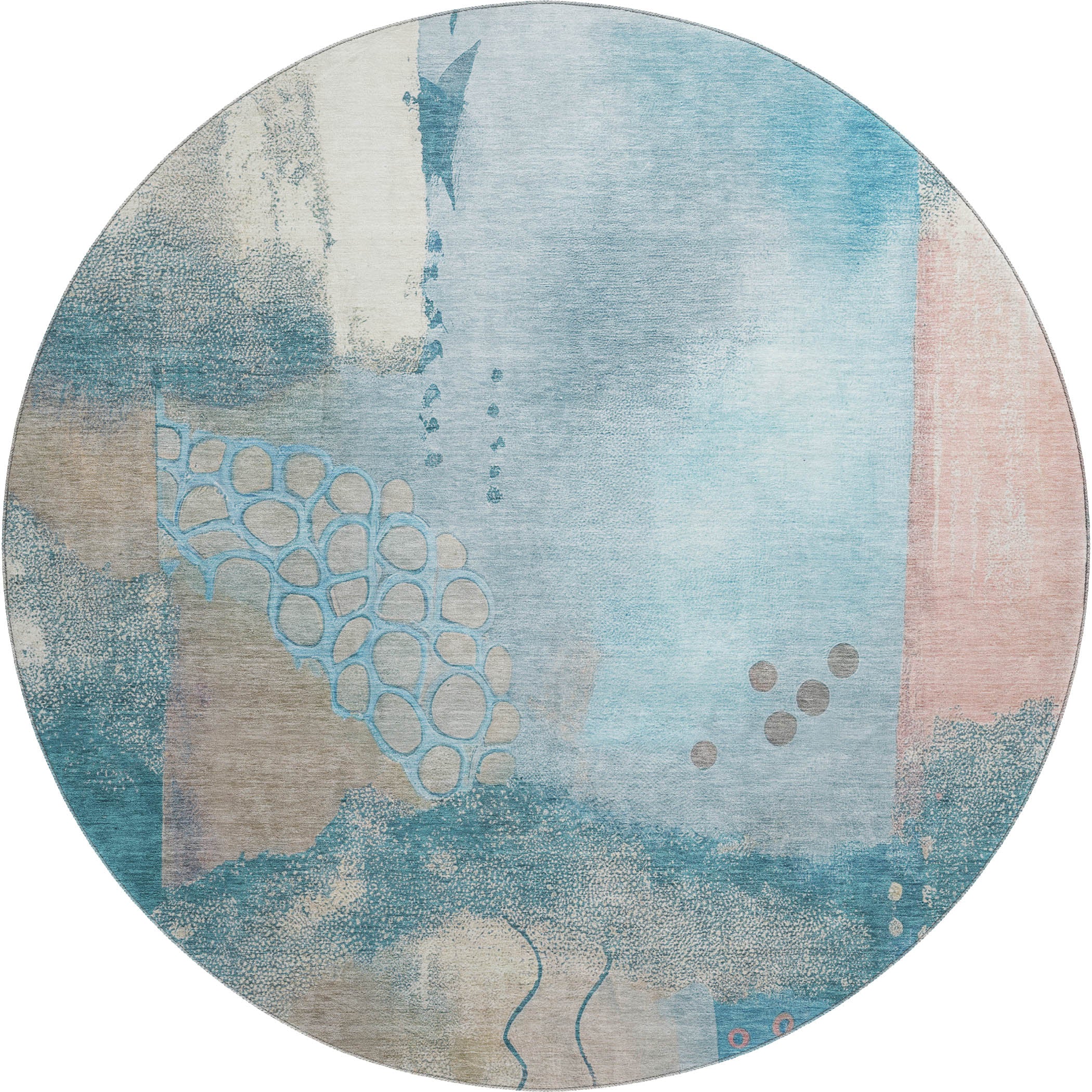 Cusco Machine Washable Transitional Teal Rug 8' x 8' #shape_Round