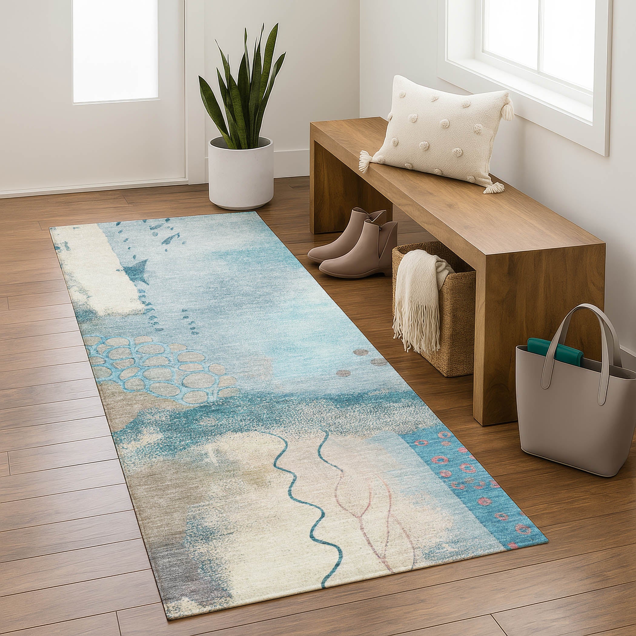 Cusco Machine Washable Transitional Teal Rug 2'3" x 7'6" #shape_Runner