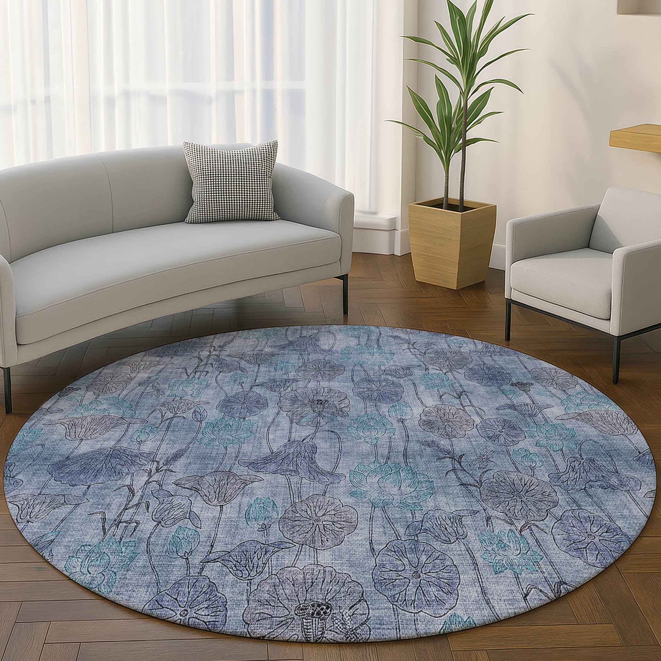 Sintra Machine Washable Transitional Blue Rug 8' x 8' #shape_Round
