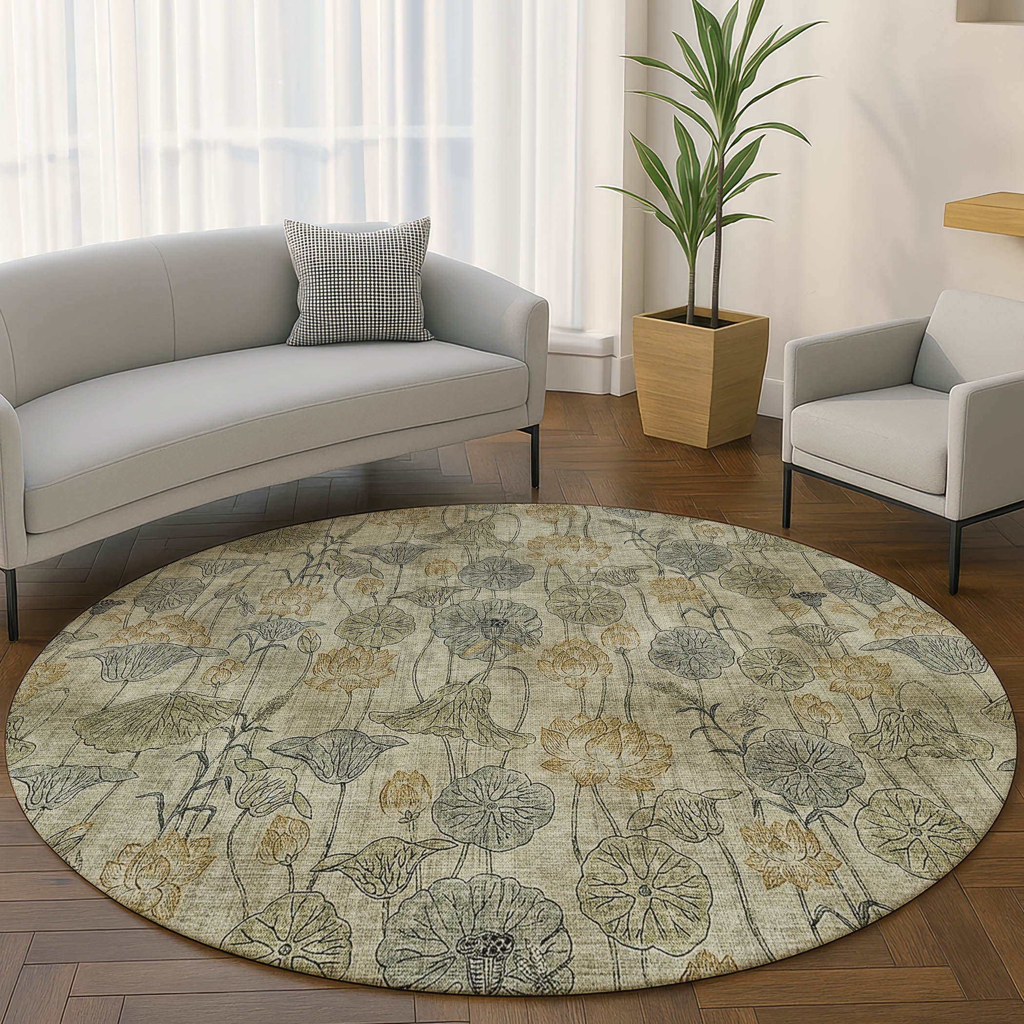 Sintra Machine Washable Transitional Khaki Brown Rug 8' x 8' #shape_Round